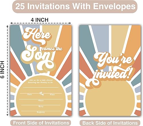 Miniatura 2 de 25 invitaciones retro para baby shower (4 x 6 pulgadas), Here Comes The Son Baby Shower de doble cara, suministros de decoración de fiesta de baby