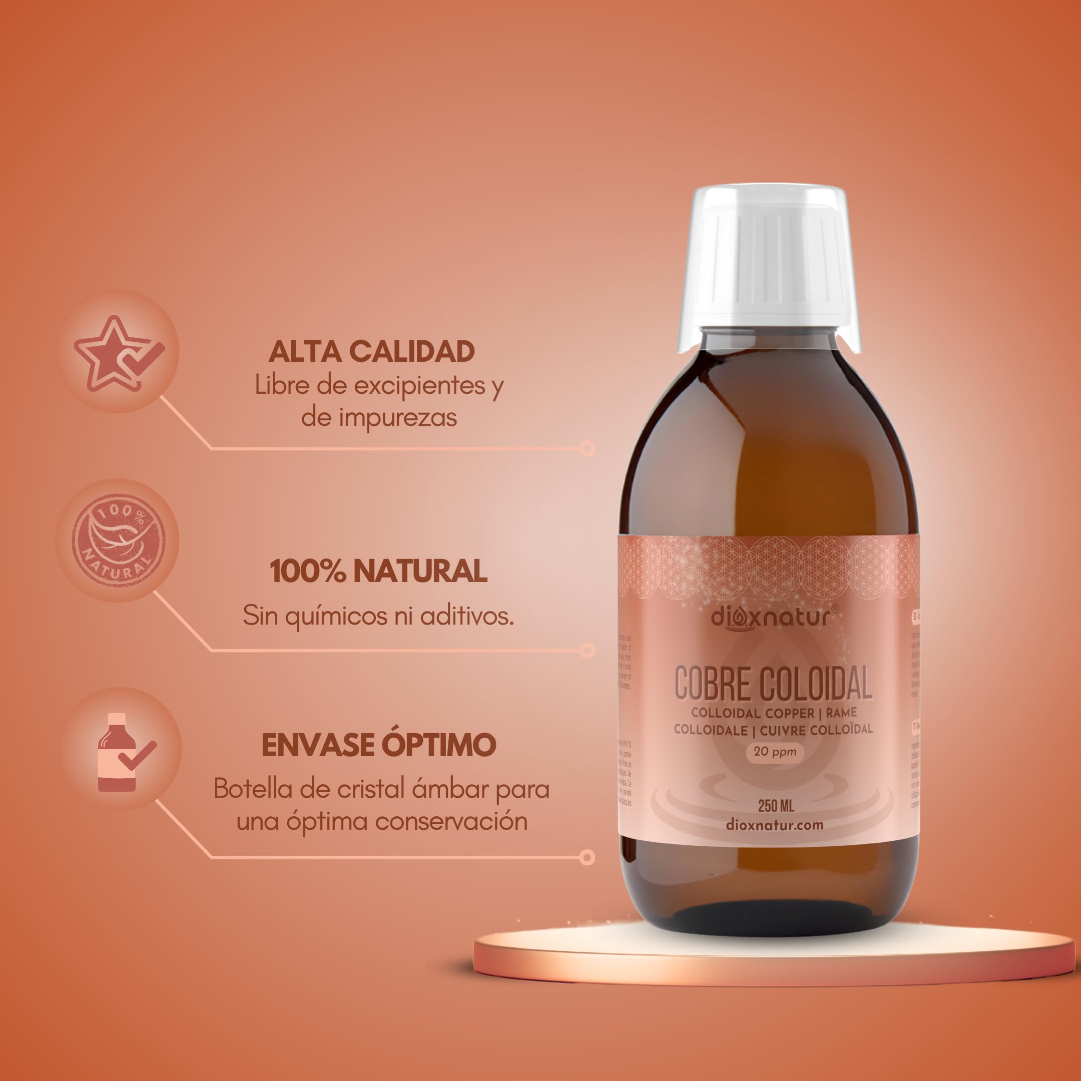 Cobre Coloidal 250ml - Solución Líquida 20 ppm - 99,99% Pureza