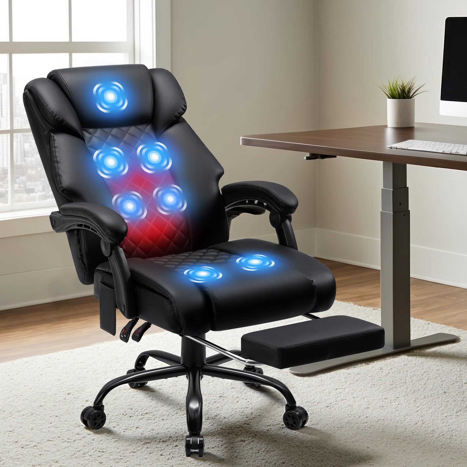HOFFREE Massage Office Chair with Heat 7 Points Vibration Ergonomic Executive Office Chair with Footrest Reclining High Back Home Office Desk Chairs Black