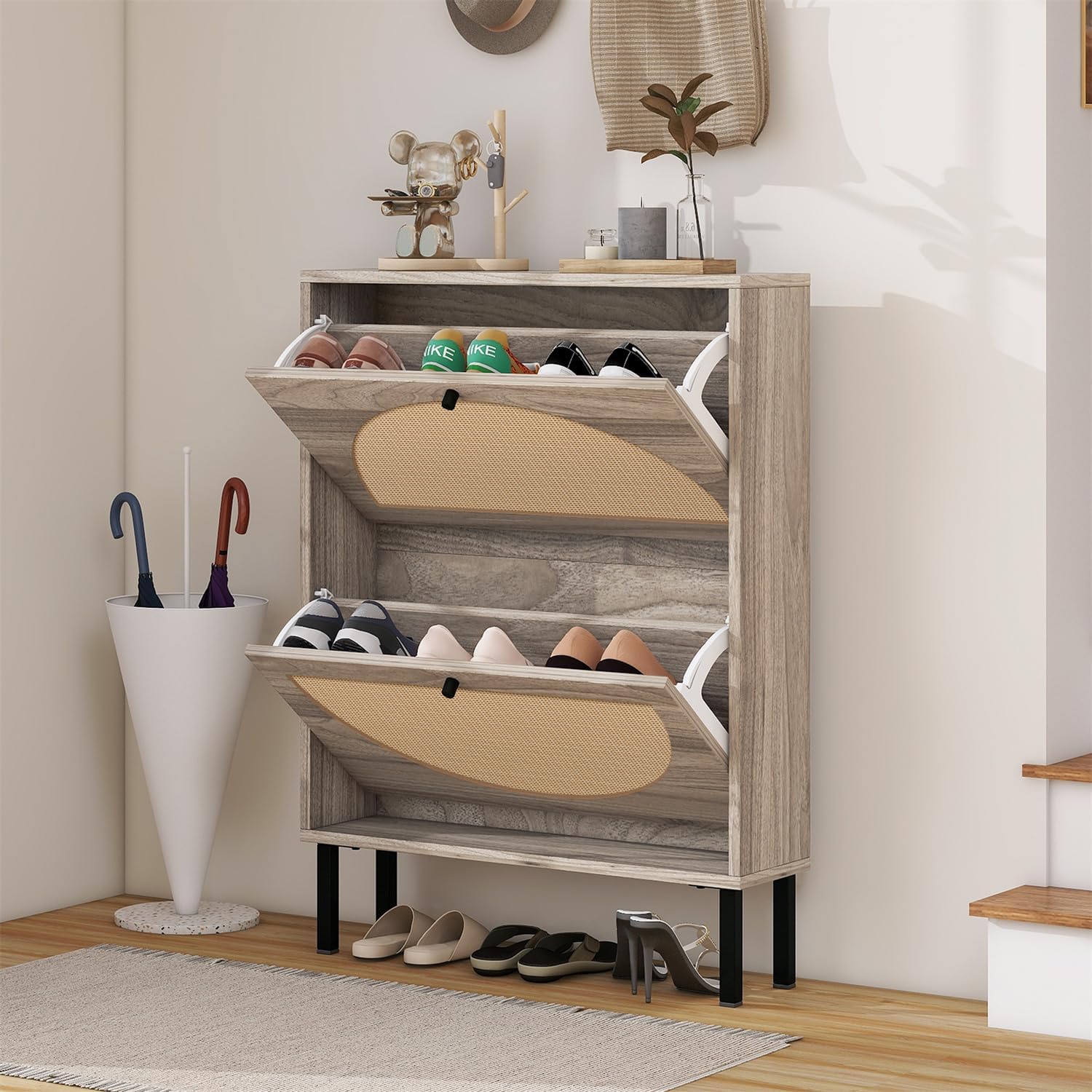 ZeHuoGe Rattan Shoe Cabinet with 2 Flip Drawers, Narrow Hidden Shoe Rack, Storage Cabinet for Entryway, Shoe Organizer with Rattan Doors (Dark Rustic Oak) - Amazon product rated Grade B