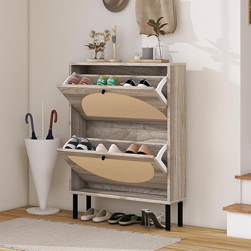 Miniatura 1 de ZeHuoGe Gabinete de zapatos de ratán natural con 2 cajones abatibles, organizador de zapatos blanco con puertas circulares de ratán, armario de