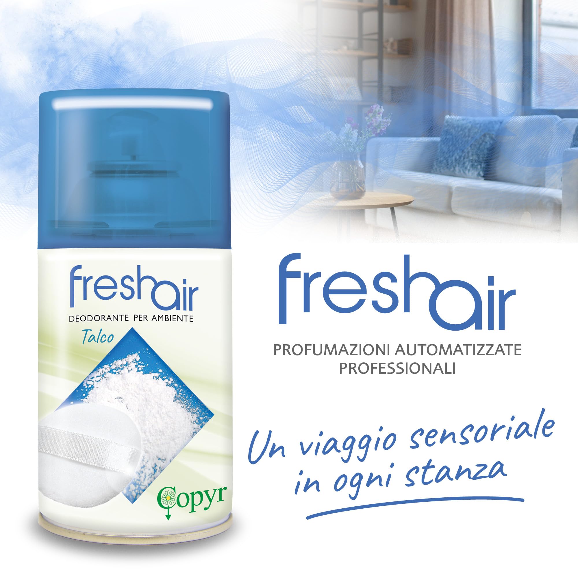 Copyr Fresh Air Talco - Deodorante Ambiente Aerosol Fragranza Delicata, 1 Bombola 250ml + Erogatore Automatico Copyrmatic Night & Day - Profumatore per Ambienti Interni, Elimina Odori fino a 100m3