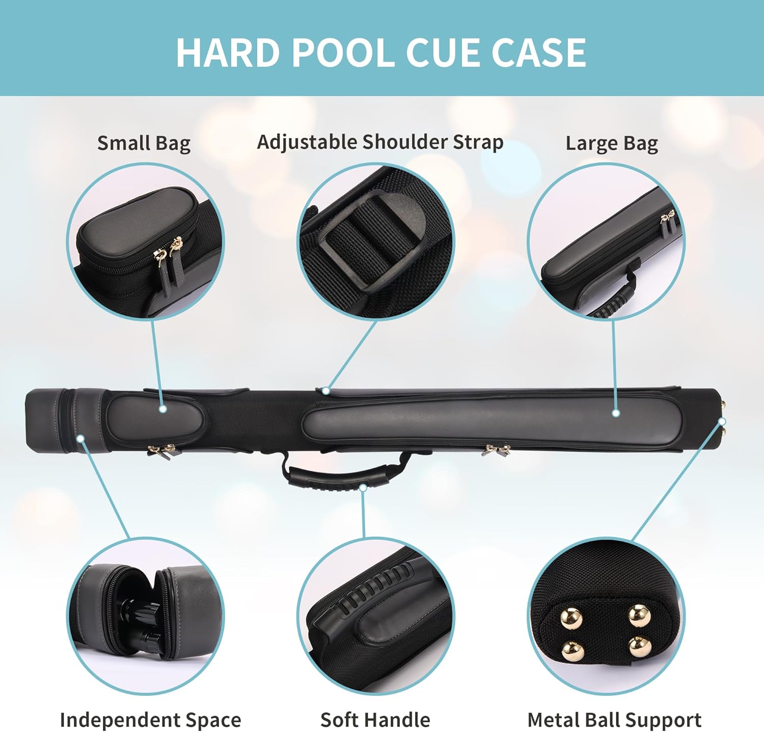 Yautja Pool Cue Case, Hard Pool Stick Case 1x1, Holds 1 Complete of 2-Piece Cue, with 2 Zipper Pockets, Soft Shoulder Strap Handle, Waterproof Microfiber Leather Billiard Stick Bag for Man Women