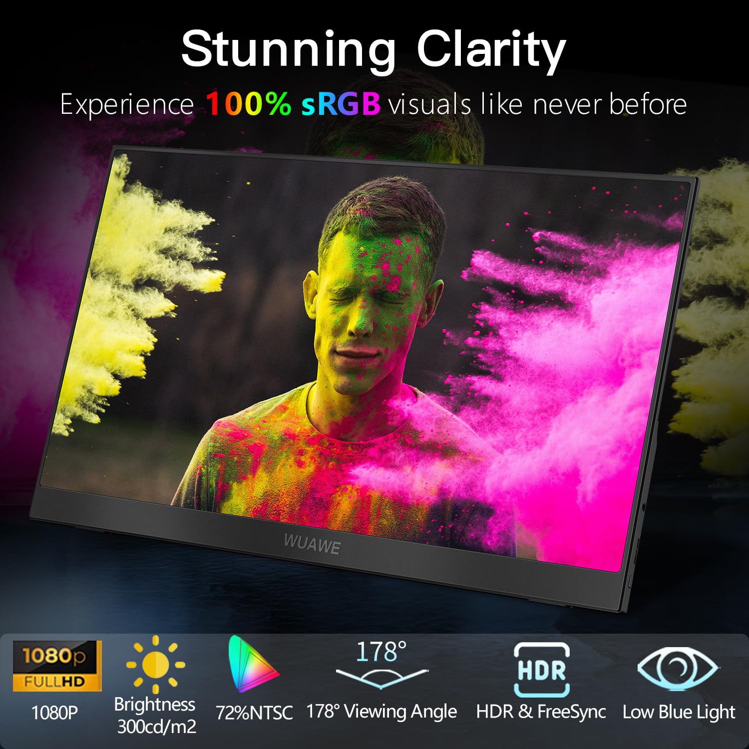 WUAWE 15.6" Portable Monitor, 1080P 72% NTSC 100% sRGB USB C HDMI Travel Monitor for Laptop, External Second Computer Monitor with HDR Freesync Low Blue Light for PC MacBook Phone PS5 Xbox Switch