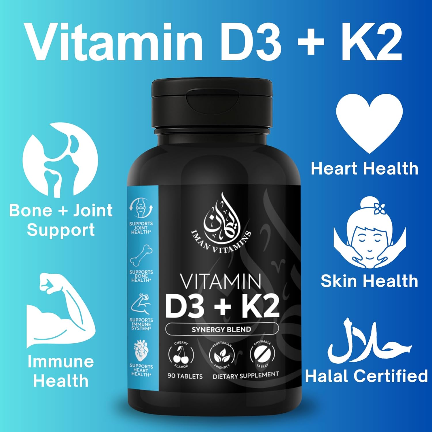 Halal Vitamin D3 with K2 Chewable Tablets - Vitamin D 2000 iu + Menaquinone-7 (MK7) | Supports Heart Health, Bones, and Muscles Health | 90 Count for Men and Women - Image 2