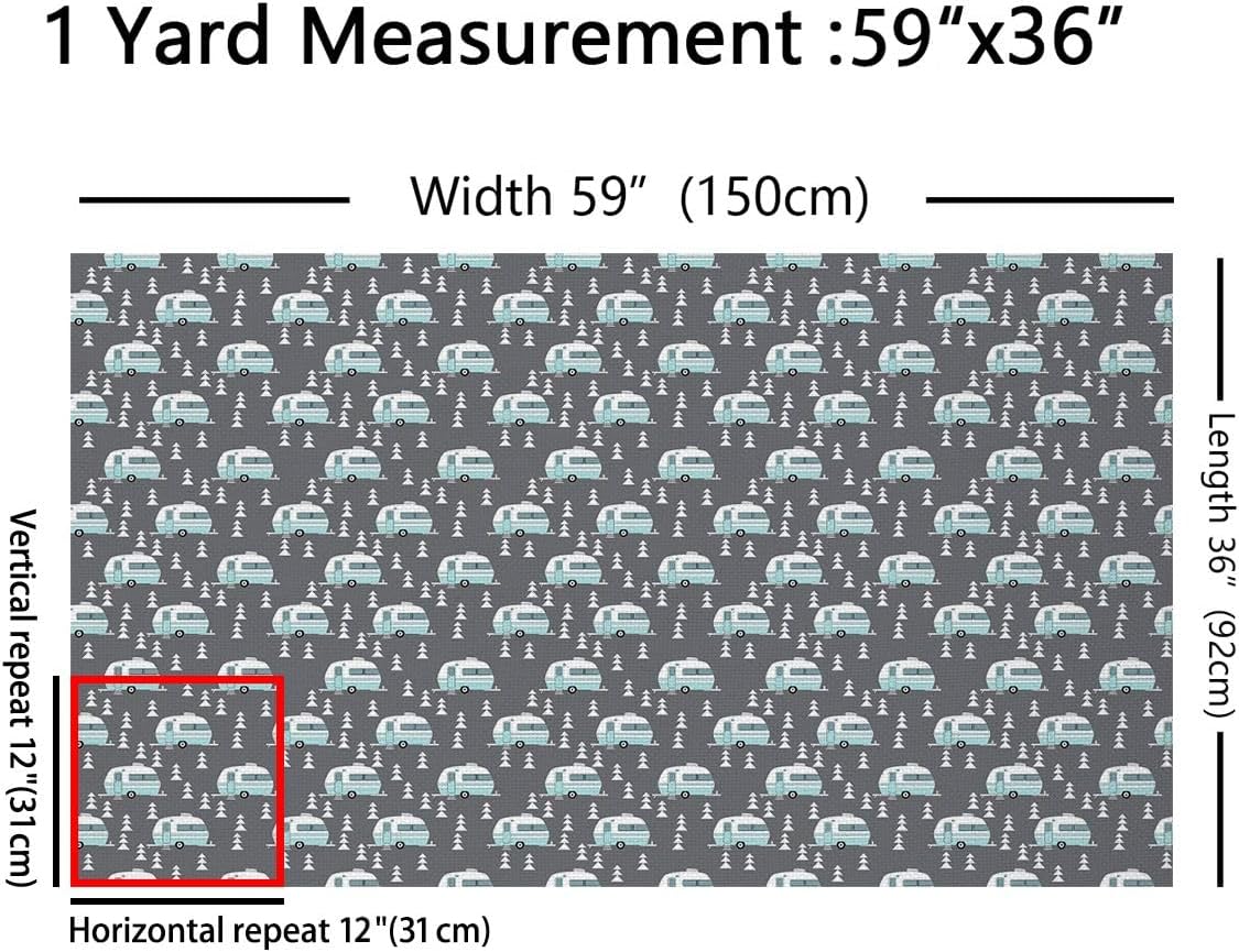 Camper Fabric By The Yard, Camping Theme Fabric By The Yard, Kids Cartoon RV Car Indoor Outdoor Fabric for Boys Gift, Upholstery and Home Accents, DIY Craft Patchwork, Grey, 3 Yards