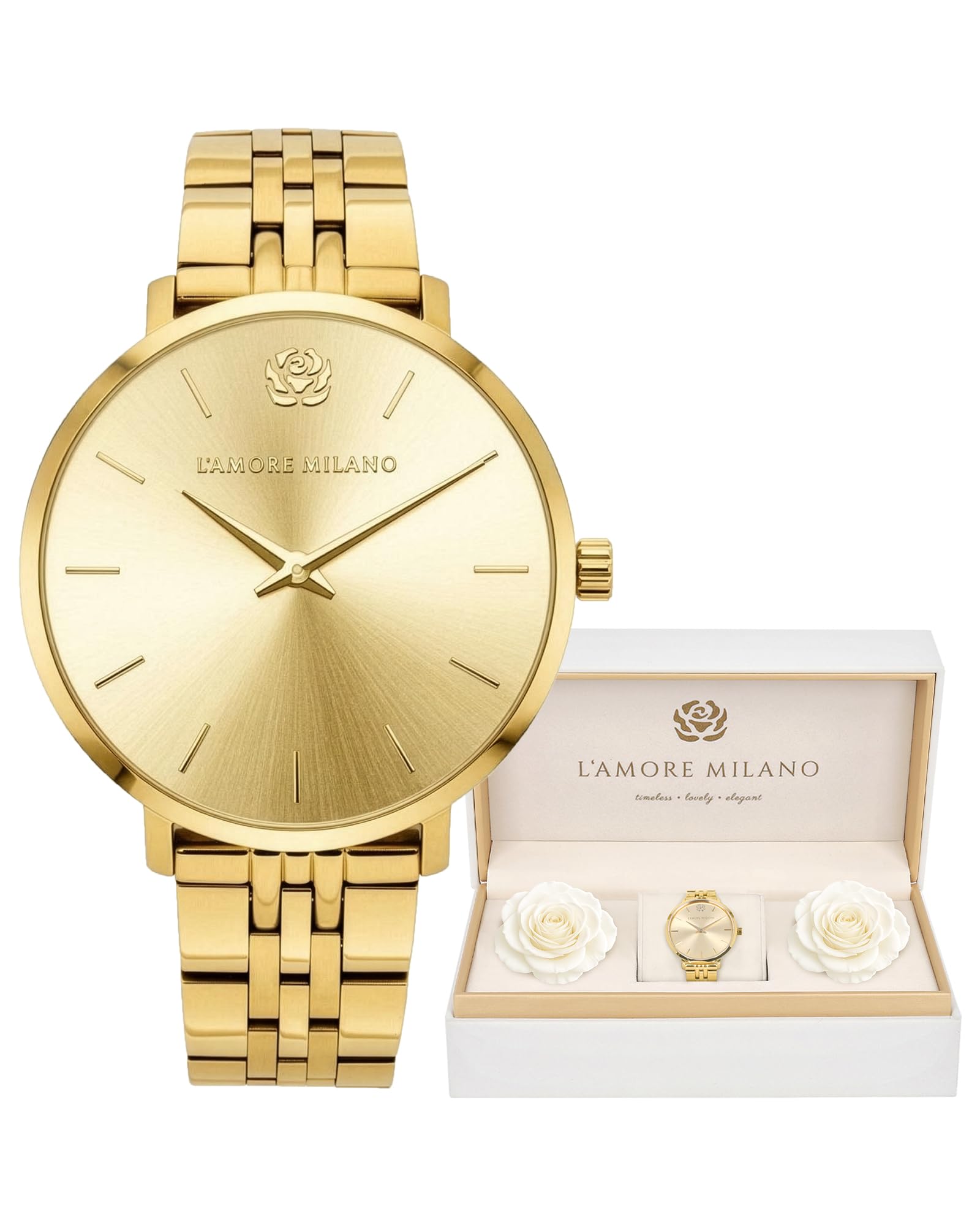 L'AMORE MILANO Damenuhr Rosenbox - Hochwertige Armbanduhr Edelstahl mit luxuriösem eckigem Design, wasserdicht 5 ATM - Edles Geschenk für Frauen, Freundin, Mutter - 36mm Damen Uhr