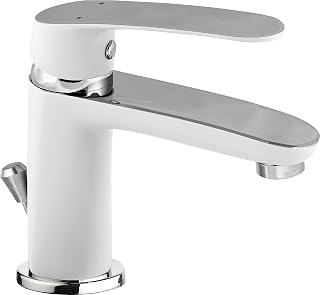 Cornat LUCW1 - Grifo monomando para lavabo (latón de alta calidad, con desagüe de tirador, grifo de alta presión, grifo para el baño, grifo de lavabo), color blanco y cromado
