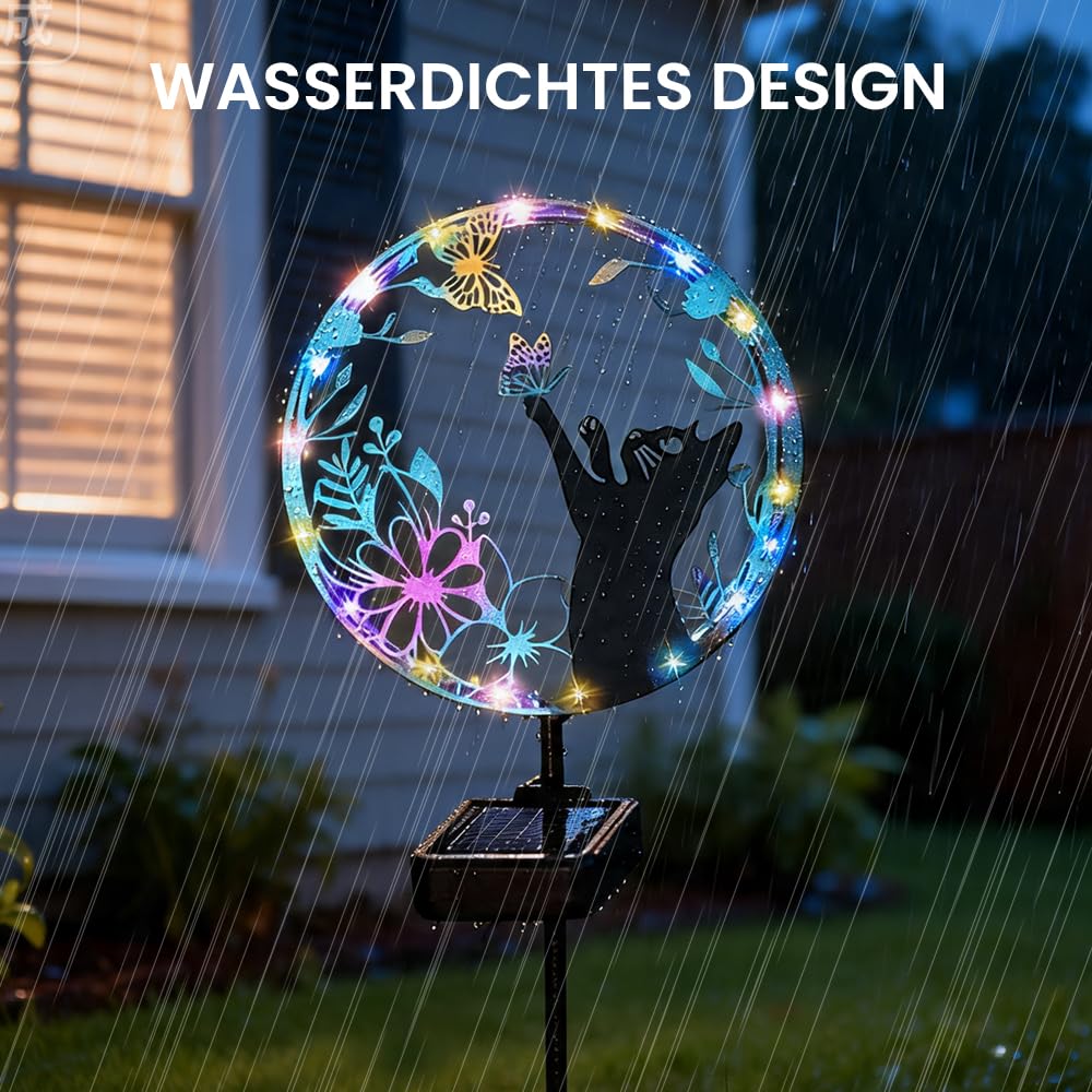 Solarstecker für Außen Garten, Solarleuchte Katze, Metall Solar Tiere für Außen Garten mit Schmetterling, Solar Gartenstecker, Gartendeko Solarlampen für Au-ßen Balkon Außenterrasse