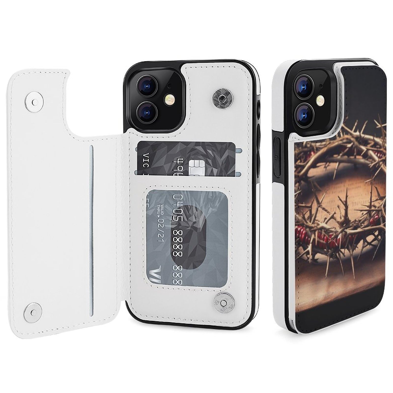 Funda tipo cartera para iPhone 12 Mini, diseño de corona de espinas, funda de piel con ranuras para tarjetas