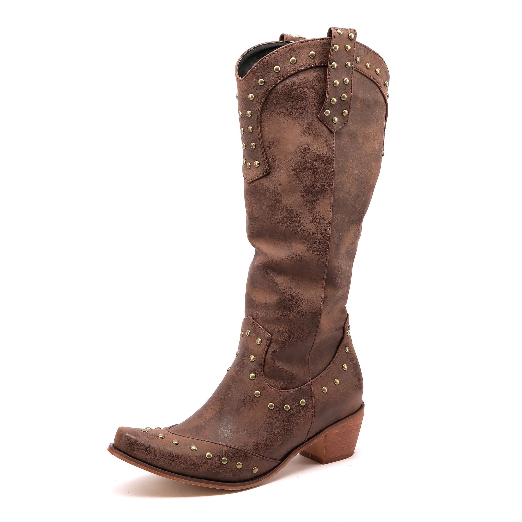 BEAUPAS Womens Knee High Western Cowboy Boots with Gold Studs Wooden Block Heel