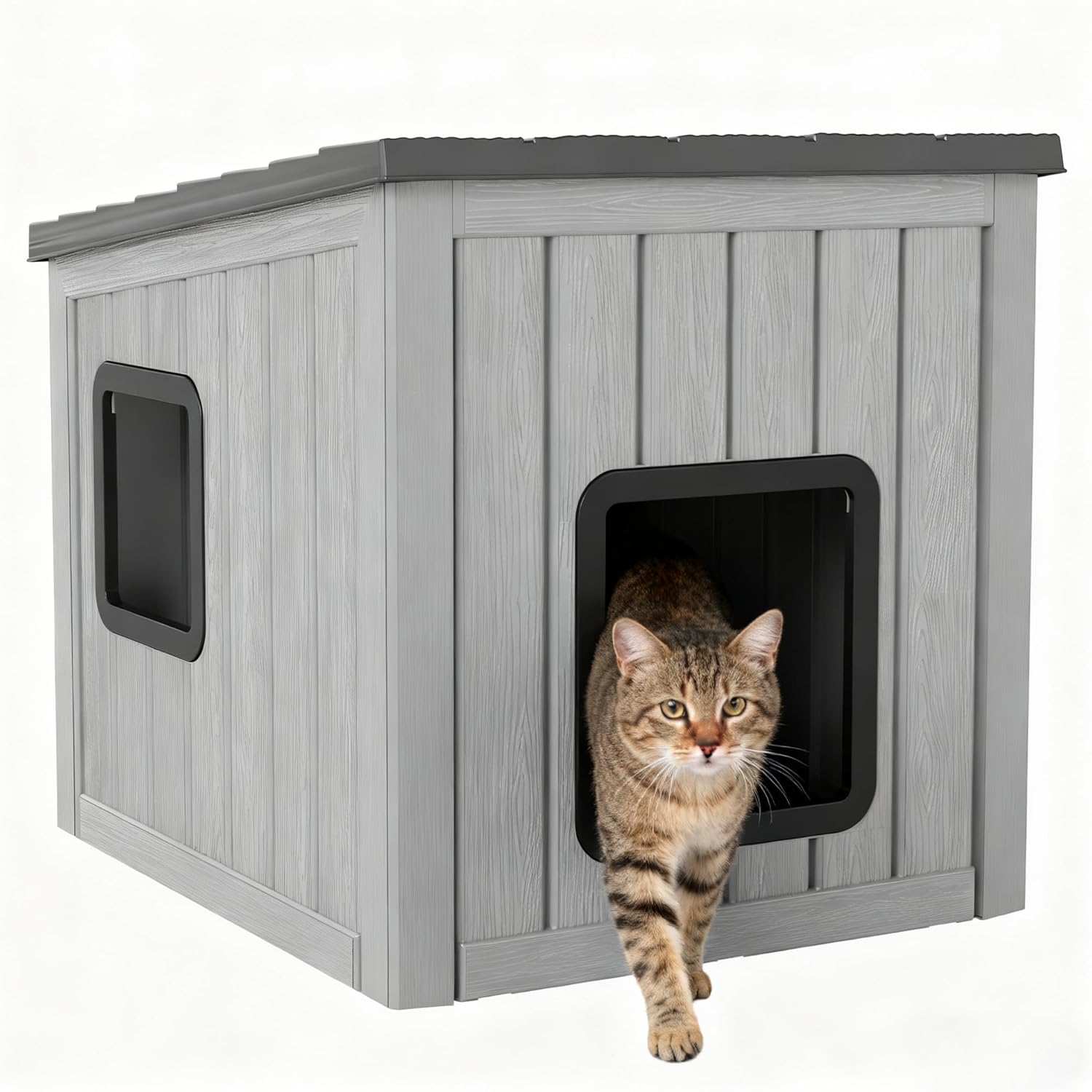 KAMABOKO Outdoor Cat House Weatherproof Insulated for Winter, Durable Shelter for Feral and Outdoor Cats, All-Season Cat House with Removable Roof & Waterproof Base for Patio, Porch, Black