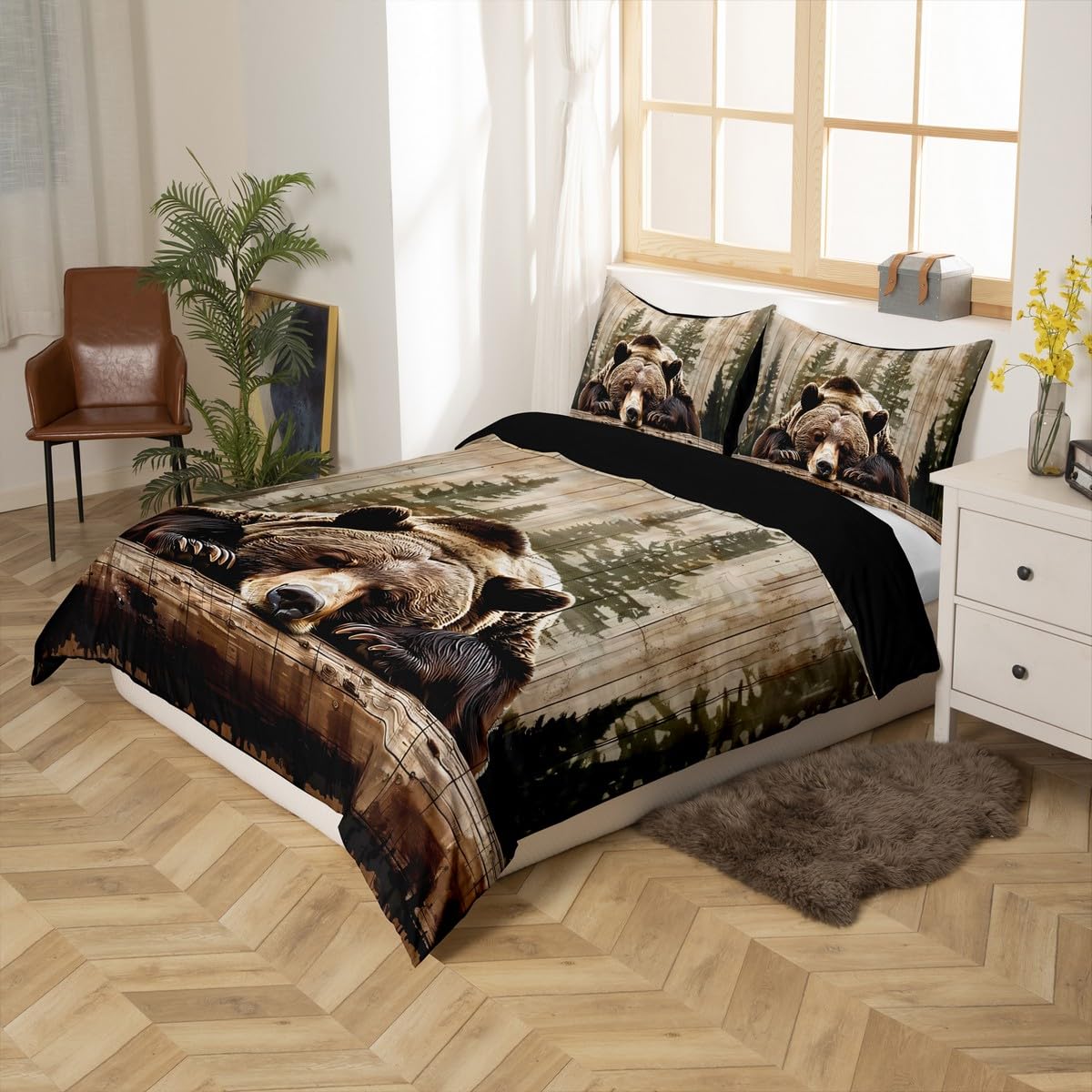 richhome Grizzly Bear Duvet Cover Wild Animal Hunting Kids Boys Girls Cabin Bedding Set Rustic Farmhouse Comforter Cover Set including 1 Pillowcases 2Pcs Cot - Image 3