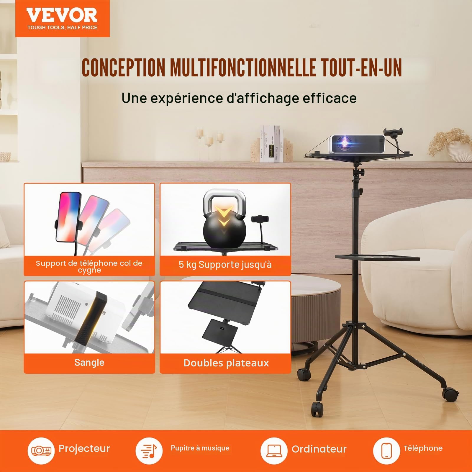 VEVOR Support de Projecteur avec Roues, Trépied pour Vidéoprojecteur Hauteur Réglable 79,5-171 cm, Stand de Vidéoprojecteur Ordinateur Portable, 2 Plateaux, Support de Téléphone, Maison Bureau Studio