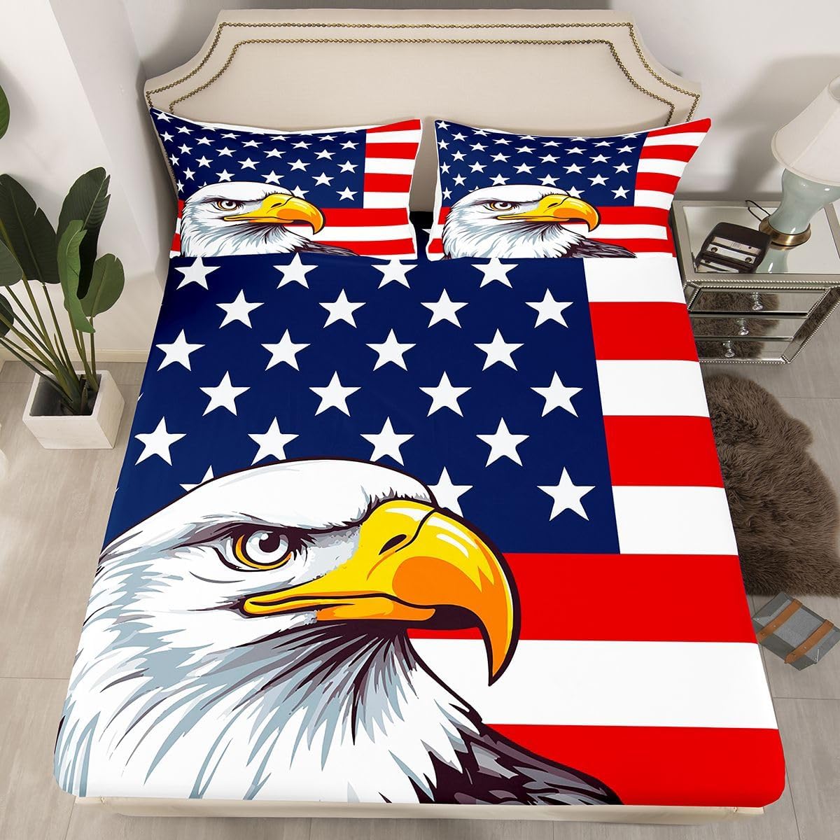 Erosebridal American Flag Bedding Set, Eagle Fitted Sheet Full Size for Kids Teens Adult, United States Bed Sheets Boys USA Federations Stars Stripe Bedding Decor Set, Blue Red and White
