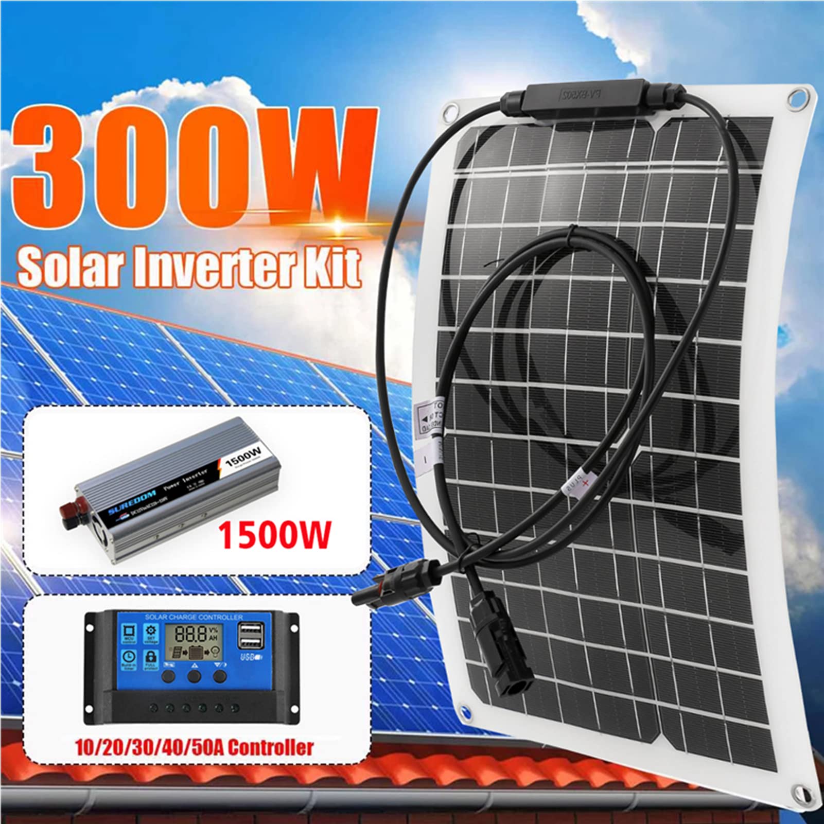 Falownik sinusoidalny 1500 W 12 V na 220 V z panelem słonecznym 300 W i regulatorem ładowania 10-60 A do systemu zasilania słonecznego
