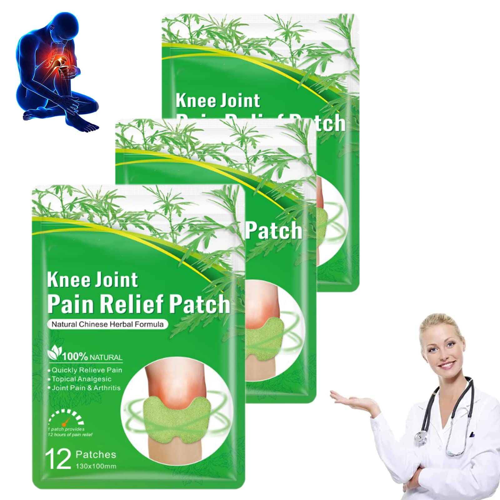 Flexiknee Natural Knee Pain Patch, Wellknee Pain Relief Patch for Knee, Flex Knee Pain Patch, Natural Knee Pain Patches, Knee Joint Pain Relief Patch (3Boxes)