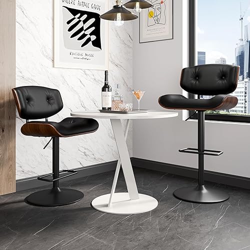 Miniatura 7 de Juego de 2 taburetes de bar modernos, taburetes giratorios ajustables con respaldo, asiento ancho y profundo, taburetes ergonómicos de piel