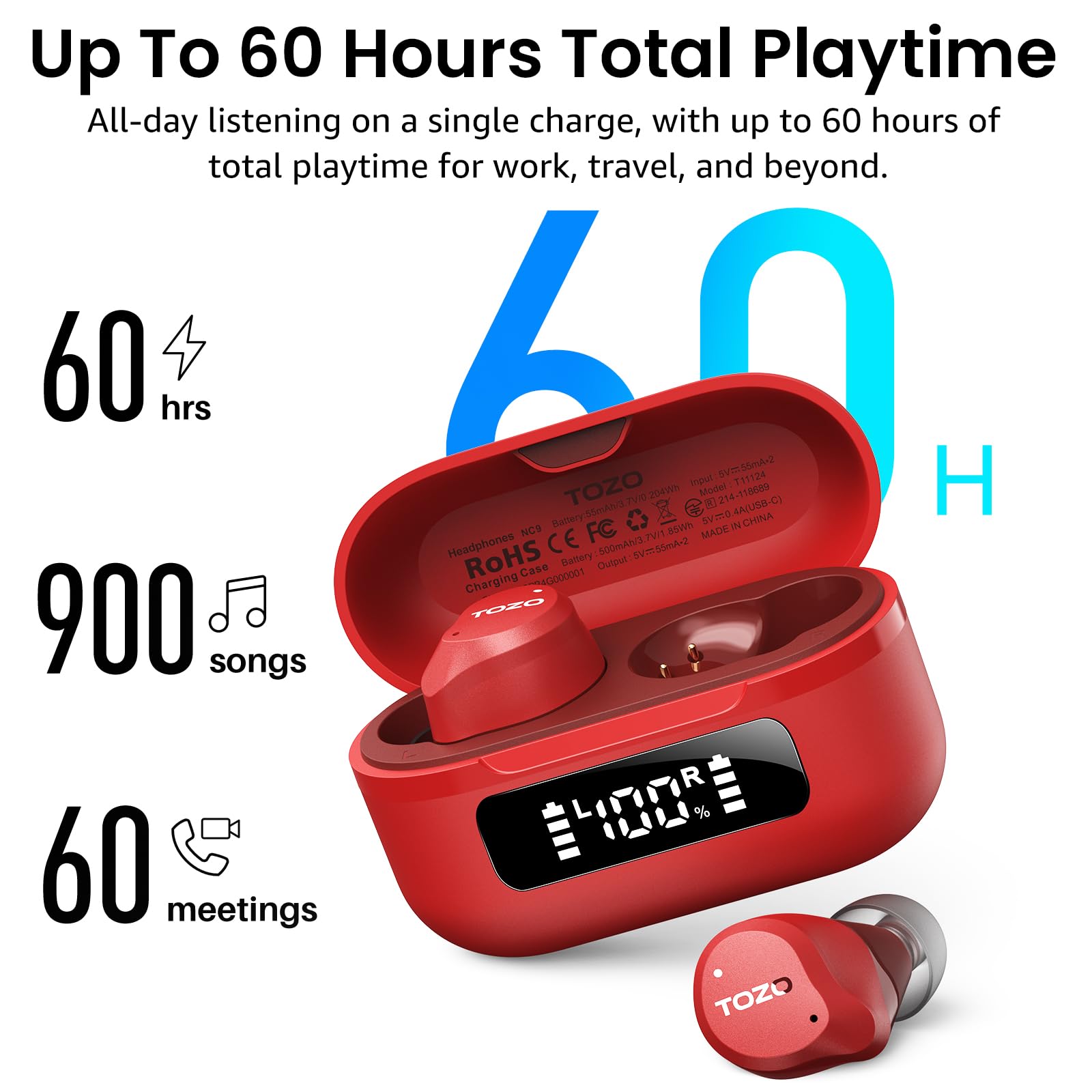 TOZO Crystal Pods Hybride actieve ruisonderdrukking Draadloze oordopjes, Dual Mics ENC AI Clear Calls, Bluetooth 5.4 in Ear Headphones, 35H Long Playtime, IPX5 Waterproof Headset, 32 EQ's via App