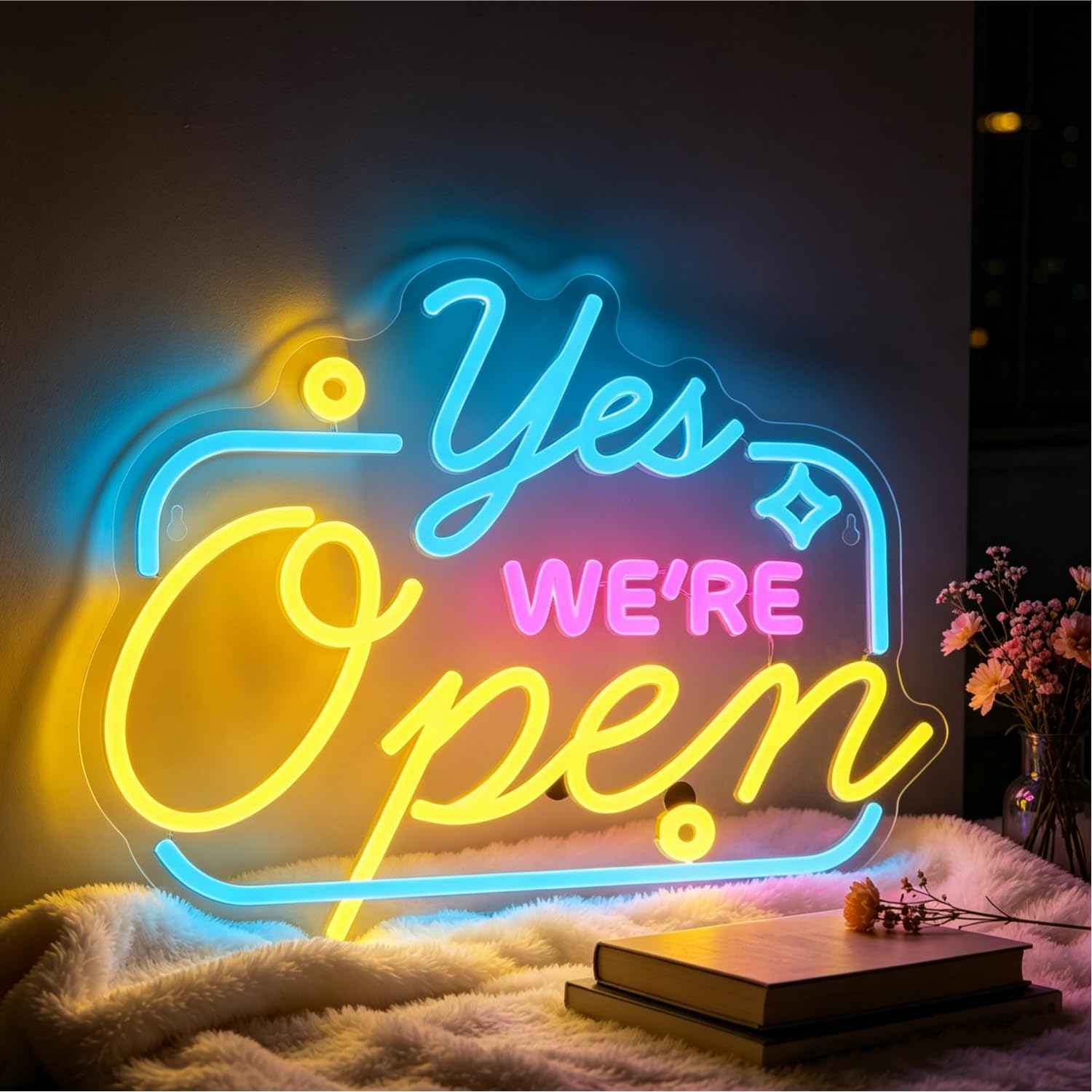 Open Neon Signs, Yes We are Open Neon Light for Business, Dimmable USB Powered LED Light Up Sign for Shop Restaurant Coffee Manicure Store Bar Salon Grocery Store Dessert Store 15.7”x11.4”