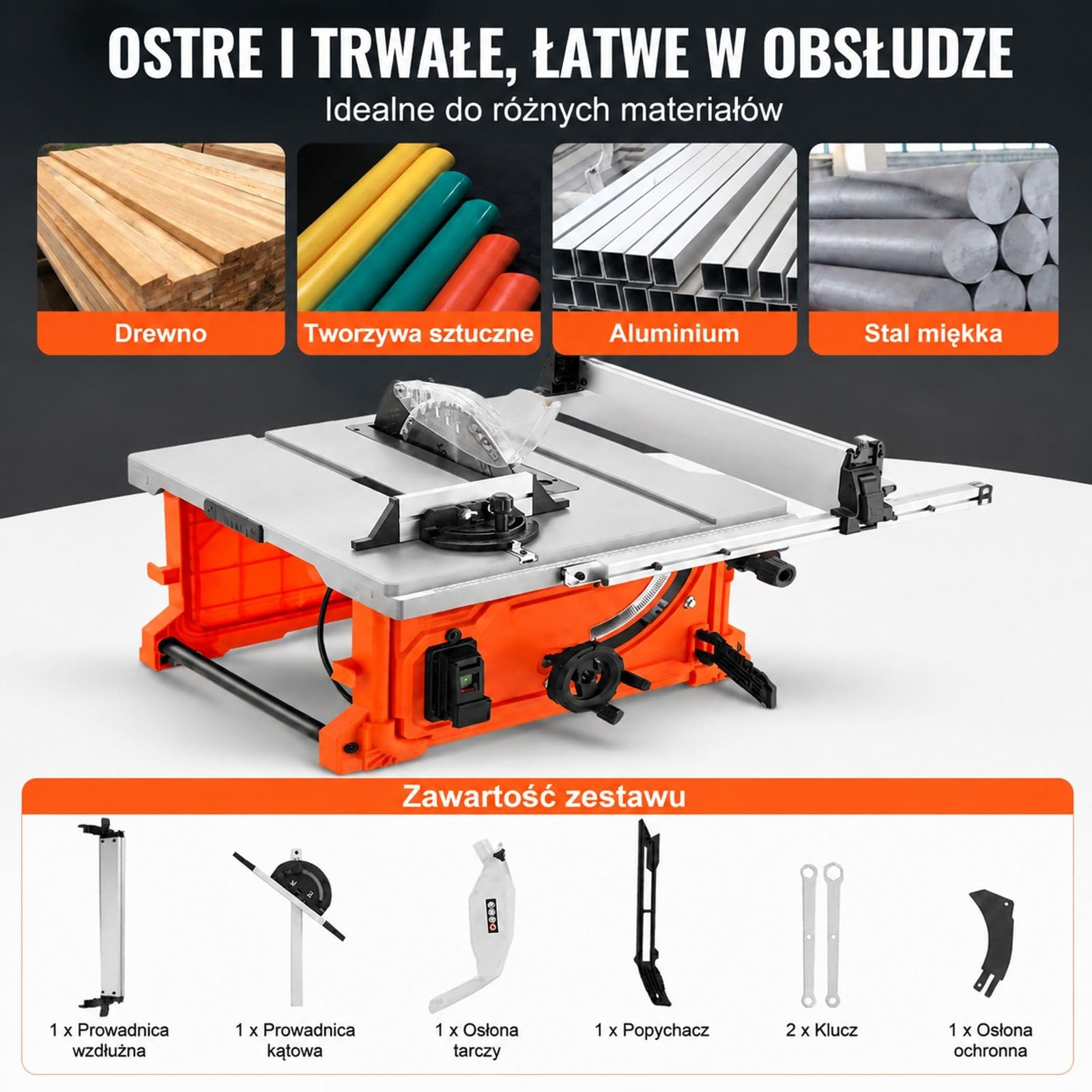 Piła stołowa 1800 W 4400 obr/min z prowadnicą równoległą, ogranicznikiem ukośnym, regulacją wysokości i nachylenia do stolarstwa garażowego