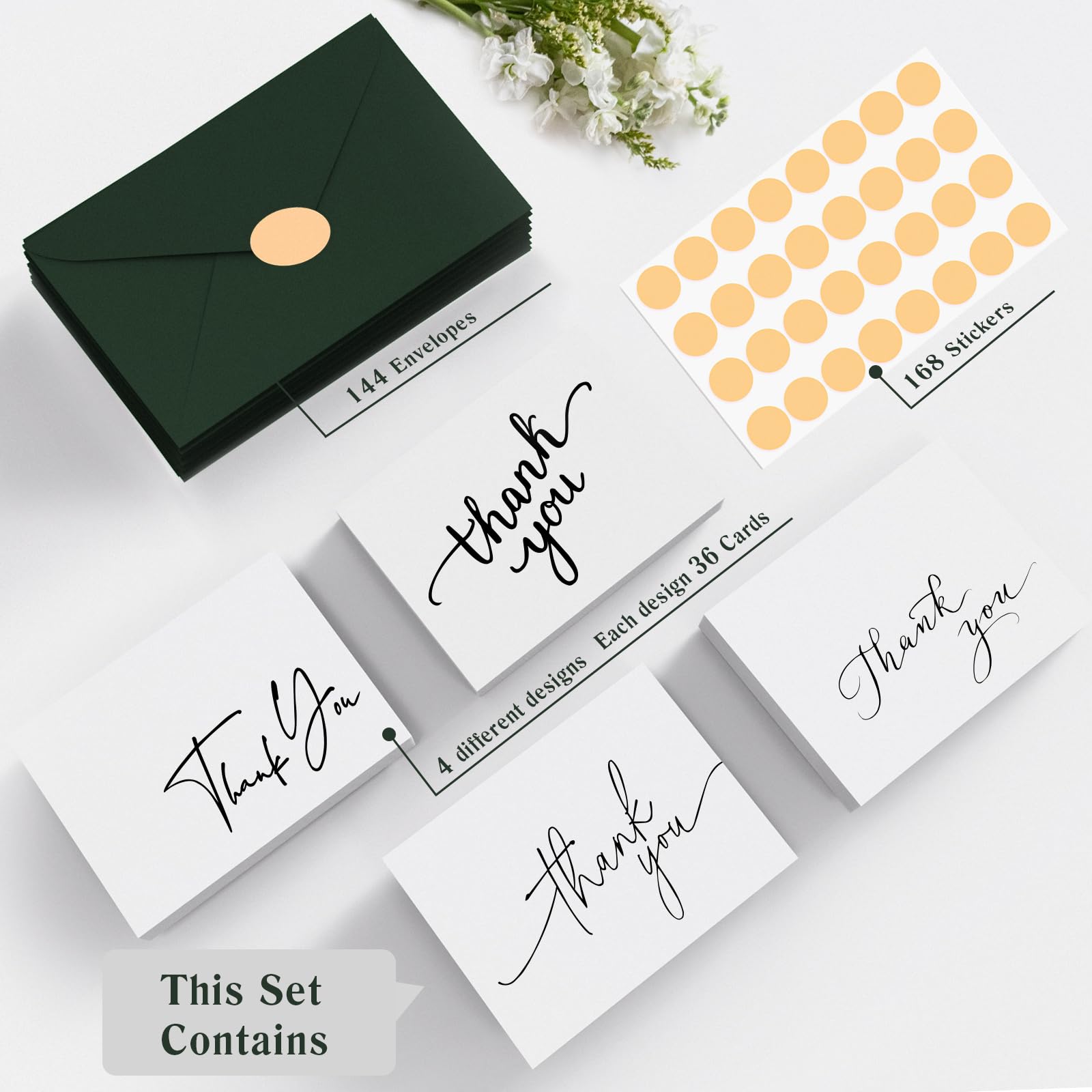 Tarjetas de agradecimiento con sobres, paquete de 144 unidades, Goefun de 4 x 6 pulgadas, notas de agradecimiento y calcomanías en blanco, forro elegante y 4 diseños elegantes para bodas, baby shower