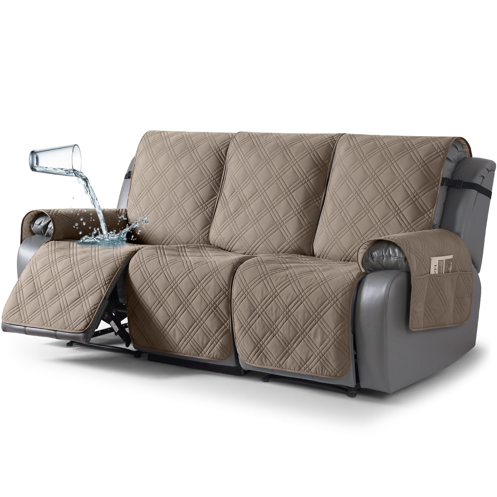 TAOCOCO 100% Waterproof Recliner Sofa Covers, Non Slip Split Couch Covers for Reclining Couches with Elastic Strap, Washable Reclining Sofa Cover Furniture Protector (3 Seater, Gray Taupe)