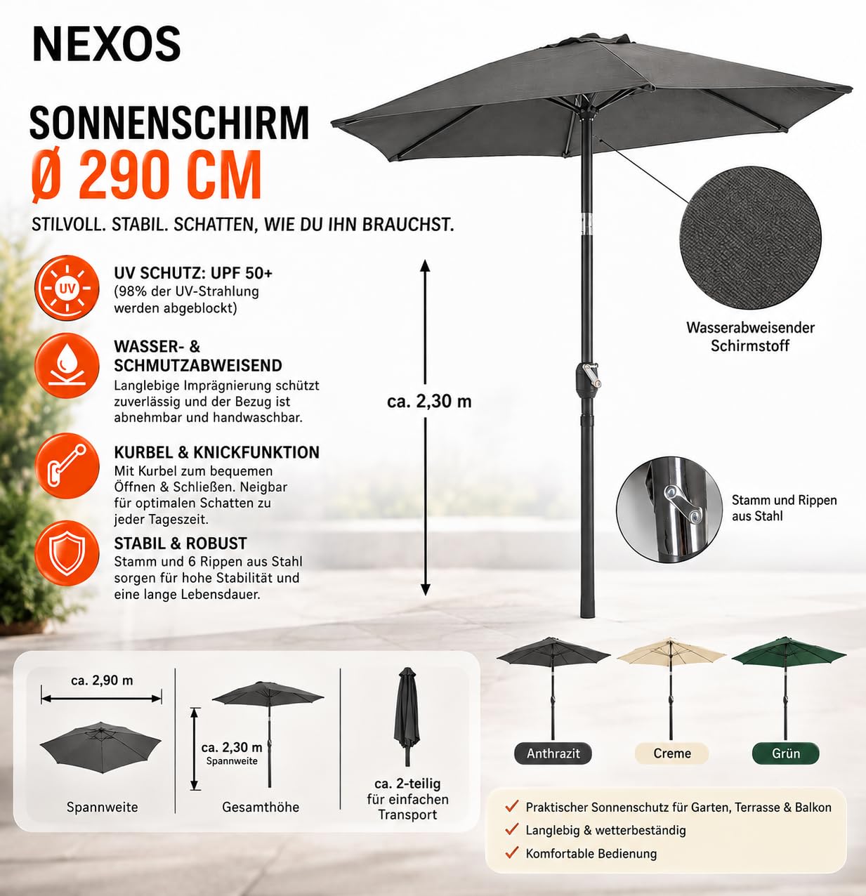 Nexos Trading Sonnenschirm 290 cm neigbar Kurbel UPF 50+ anthrazit | Stahl Gestell 6 Rippen, Polyester 160g/m² wasserabweisend, Handkurbel, knickbar, 2-teiliger Mast, Höhe 230 cm, Ø 40 mm