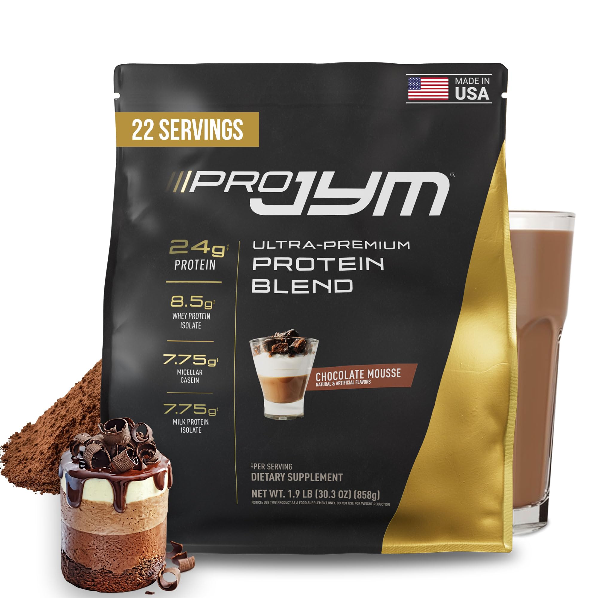 Pro JYM Chocolate Mousse Protein Powder - Whey Protein Isolates, Casein, & Milk Protein, Lean Muscle Building for Men & Women, 22 Servings