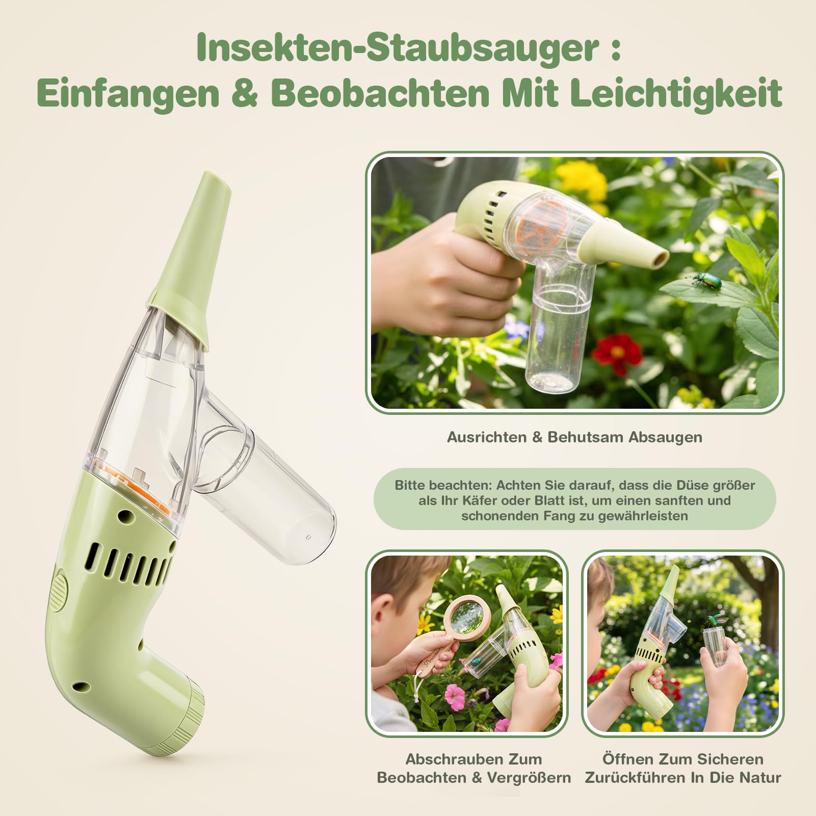 Dreamon Kinder Abenteuer Entdecker Bug Set, mit Schmetterlingsfangnetz, Insektenbeobachtungskäfig aus Holz, Becherlupen, Insektenfänger, Spielzeug für Draußen ab 3-7 Jahre, Geschenk 3-7 Jahre Junge