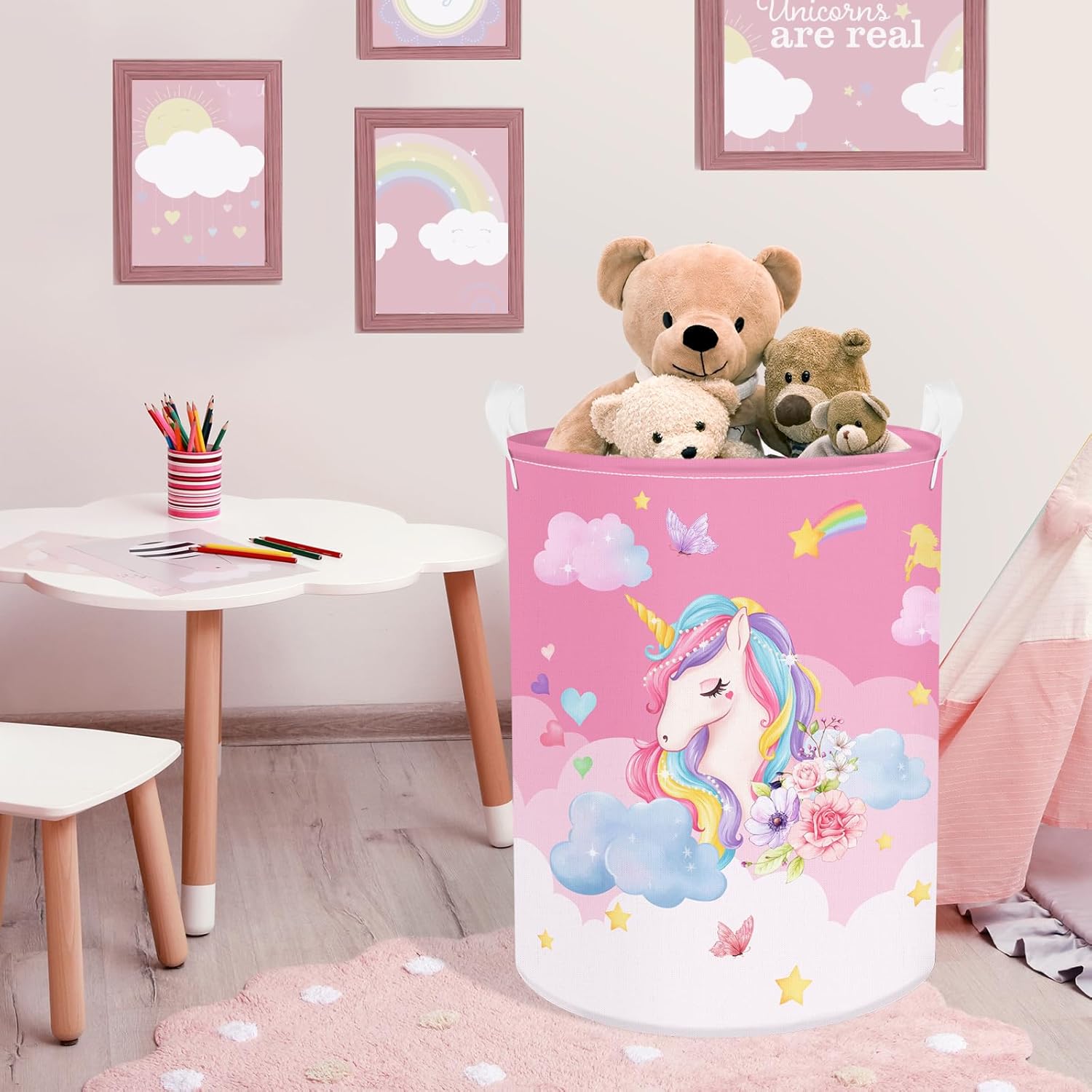 Clastyle 45L Pink Unicorn Laundry Basket for Girls Round Rainbow Kids Laundry Hamper Moon Stars Flower Cloud Toy Clothes Storage Basket