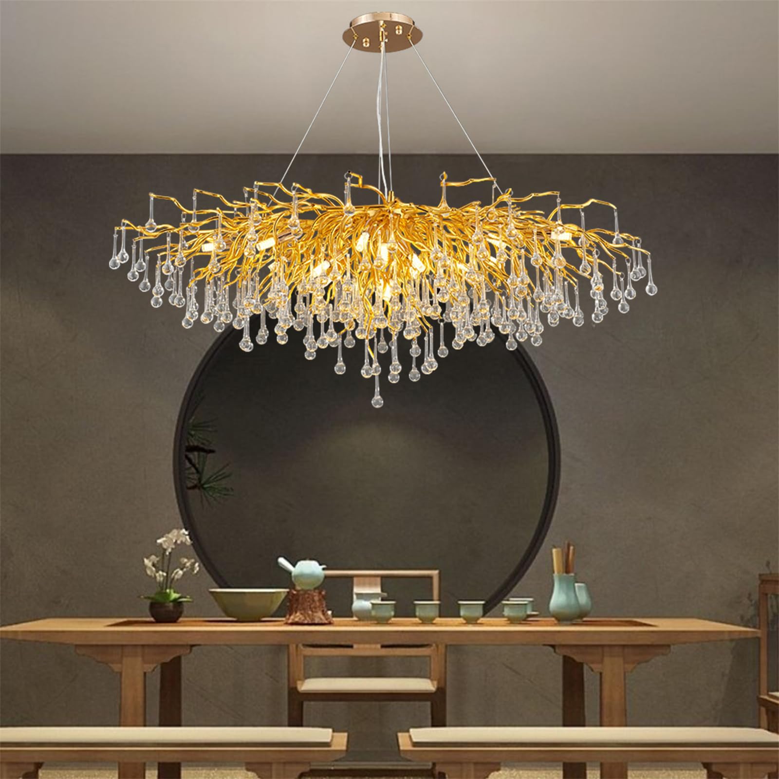 KXEcoLife Modern Crystal Tree Branch Chandelier, Large Rectangular Raindrop Indoor Hanging Pendant Light Fixture for Living Room Kitchen Island Dining Foyer Bedroom, L100cm
