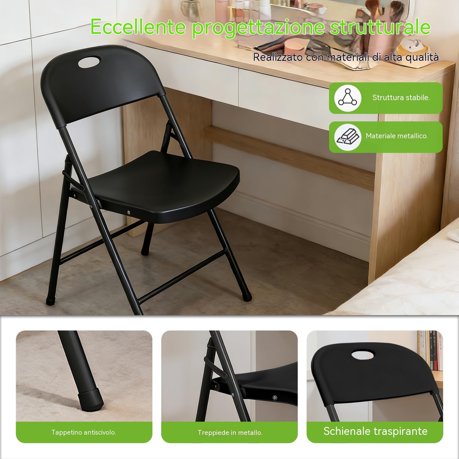 Set di 6 Sedie Pieghevoli – Sedie Pieghevoli Stabili con Schienale Alto, Struttura in Metallo Resistente, Adatte per Casa, Ufficio e Sala da Pranzo