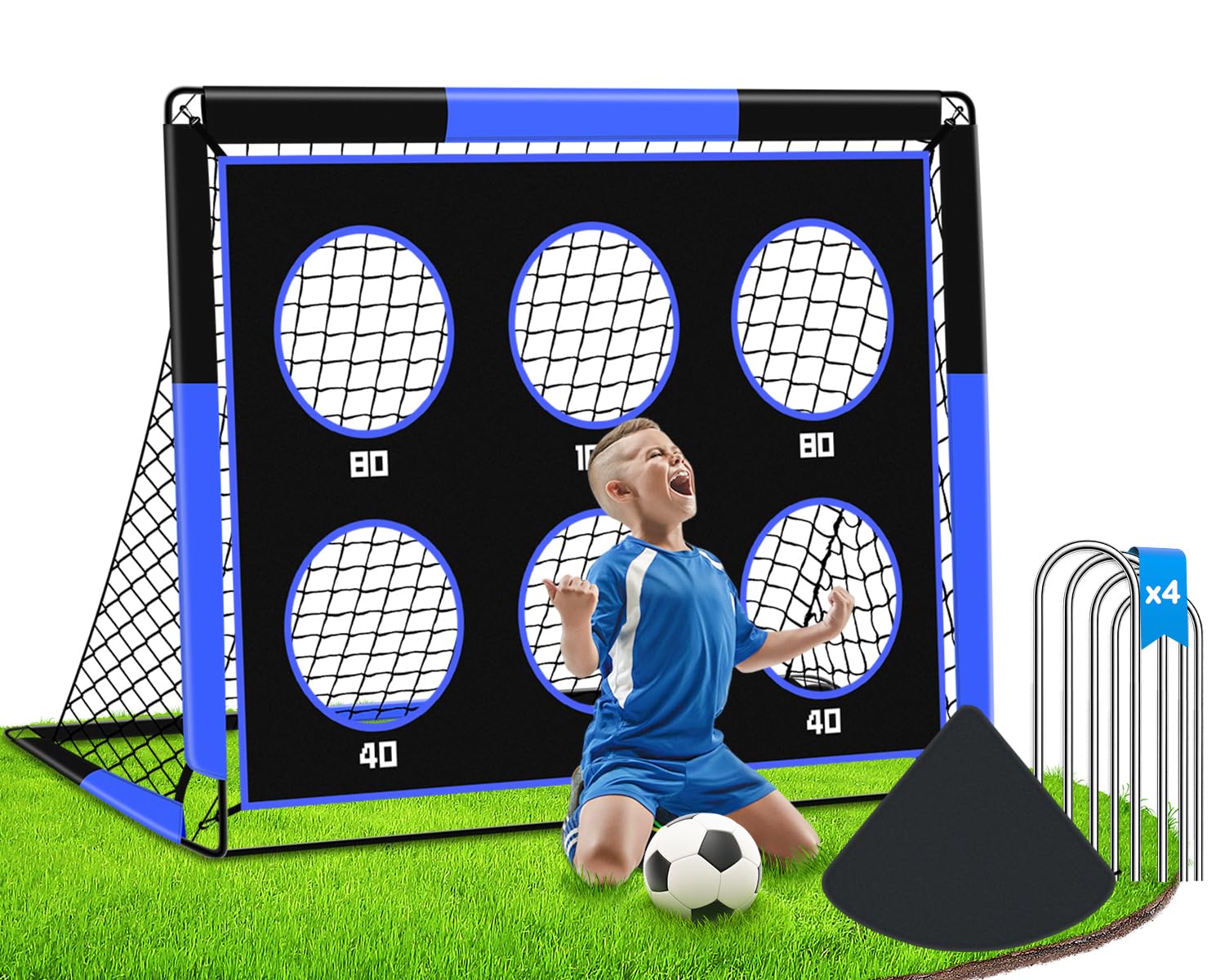 EXTFANS Outdoor Children's Football Goal – 2 in 1 Folding Football Goal with 6 Targets & Bag, for Garden/Beach/Park (Blue)