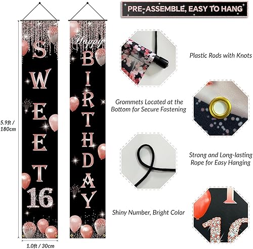 Miniatura 2 de Decoración de fiesta con texto en inglés "Sweet 16", letrero para puerta, letrero de feliz cumpleaños de 16 años para niñas, oro rosa, suministros