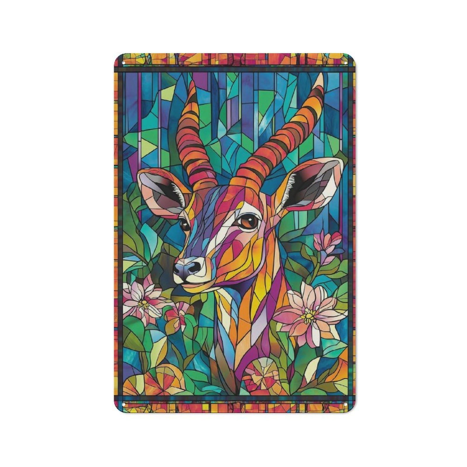 Junmoney Stained Glass Antelope Industrial-Style Metal Sign 30X20cm For Home Bar Wall, Housewarming Wall Decor For People Furnishing Home Bar