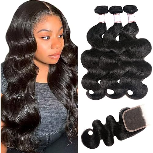 Brazilian Body Wave 3 Bundles with Closure 100% Unprocessed Brazilian Body Wave Human Hair Bundles with 4x4 Lace Closure Free Part Natural Color (14 16 18+12, bundles with closure)