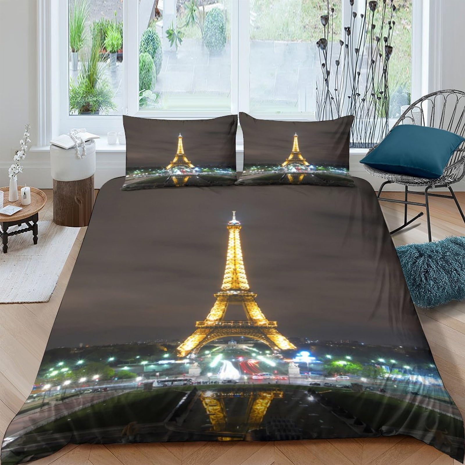 Ctjqhvkz Style-8 3D Printed Eiffel Tower Night Fitted Sheet Microfiber Soft Paris City Mattress Cover For Bedroom Dorm Decor Single（135X200cm）