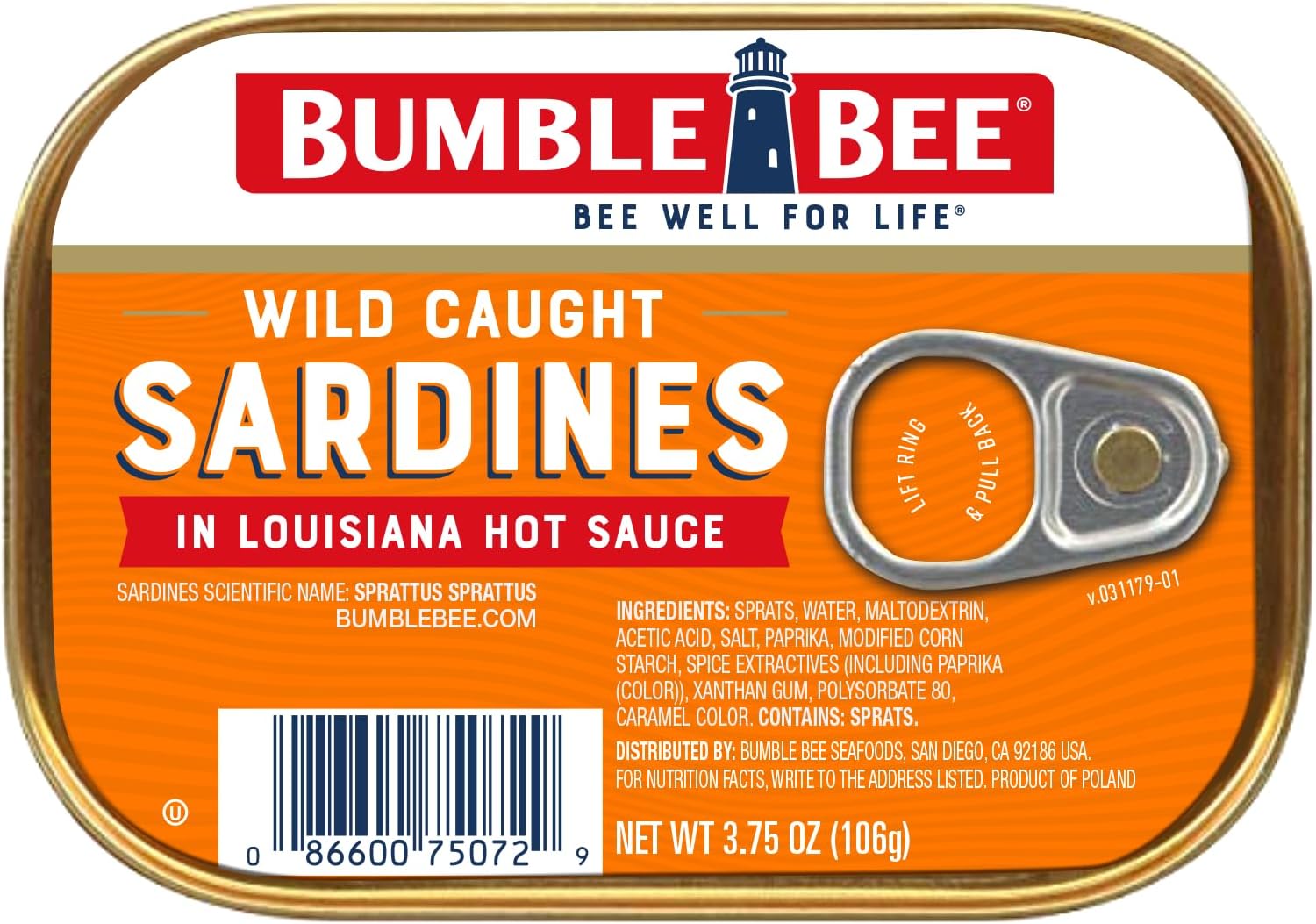 Bumble Bee Sardines in Louisiana Hot Sauce, 3.75 oz Tin