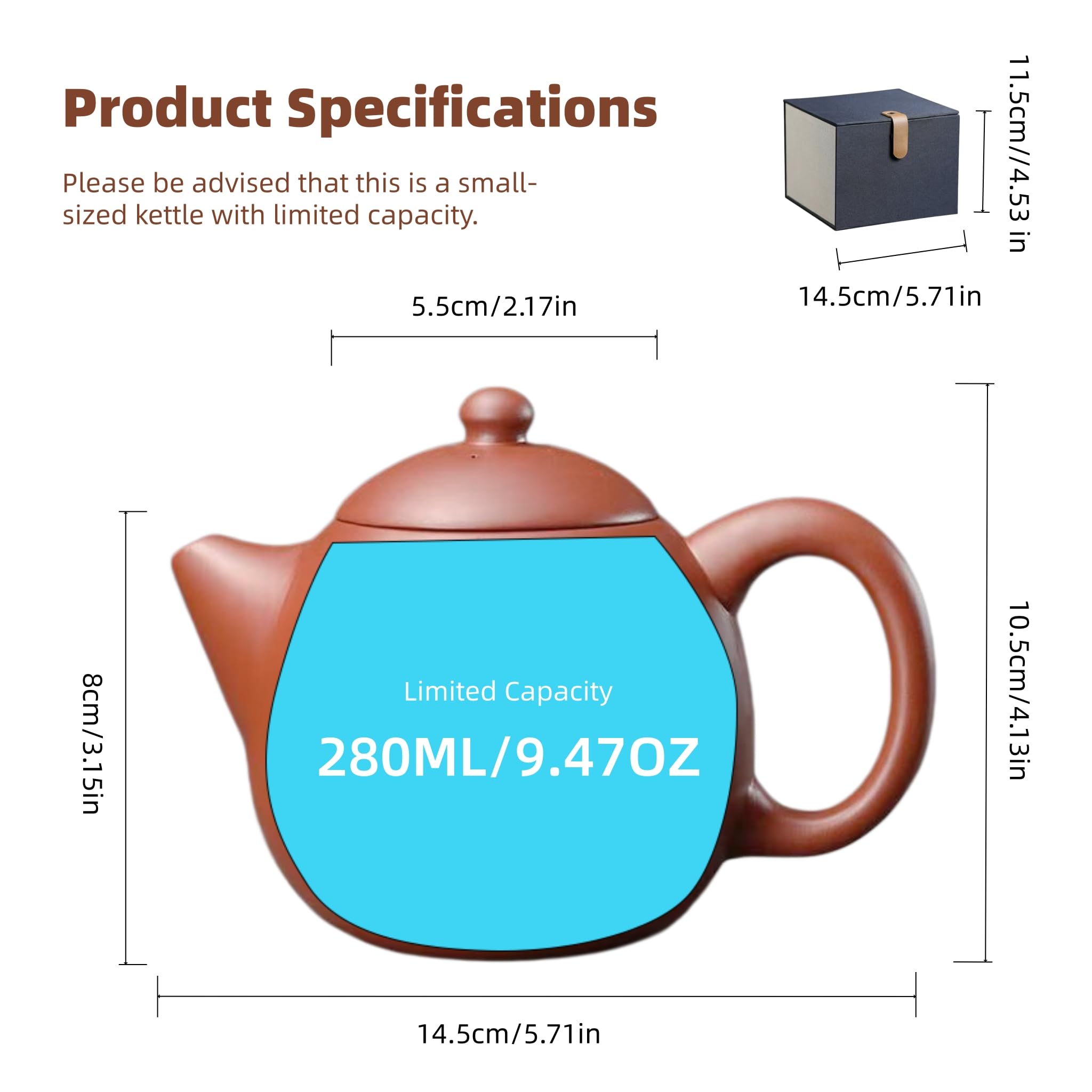 Teiera Zisha Yixing Argilla Cinese Stile Kung Fu 280ml | Teiera artigianale con scatola regalo, adatta per tè sfuso oolong, tè verde e tè nero