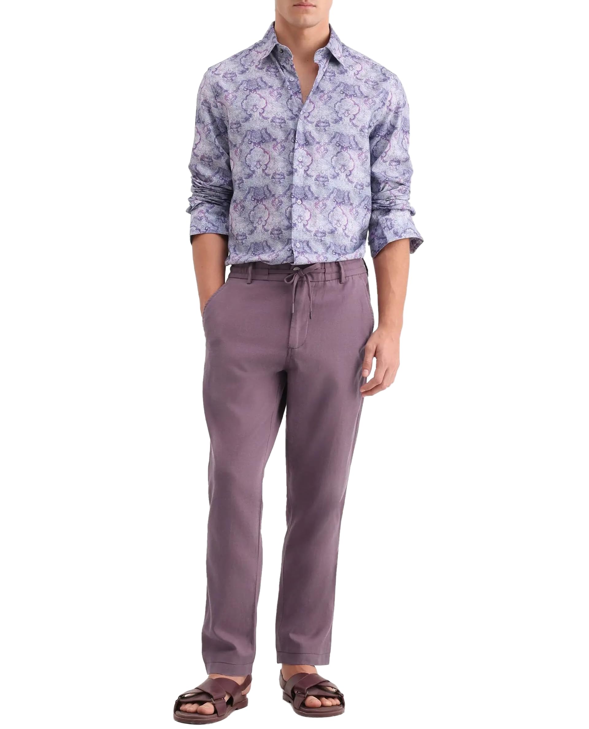 rare rabbit Men's Linol-T Regular Fit Solid Linen Blend Mid-Rise Trouser | Purple-picture-37