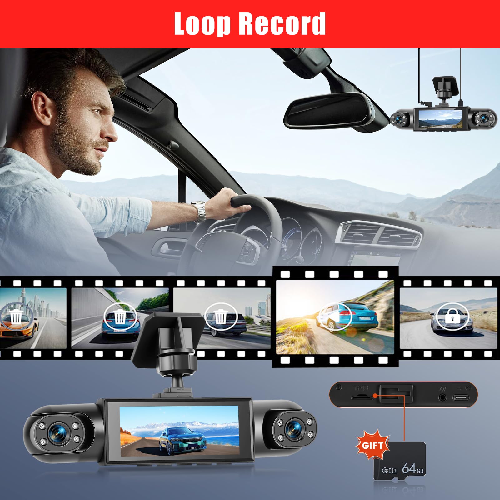 1080P Dash Cam 360 Gradi 4 Canali, Schermo 3.16 Pollici con 64GB