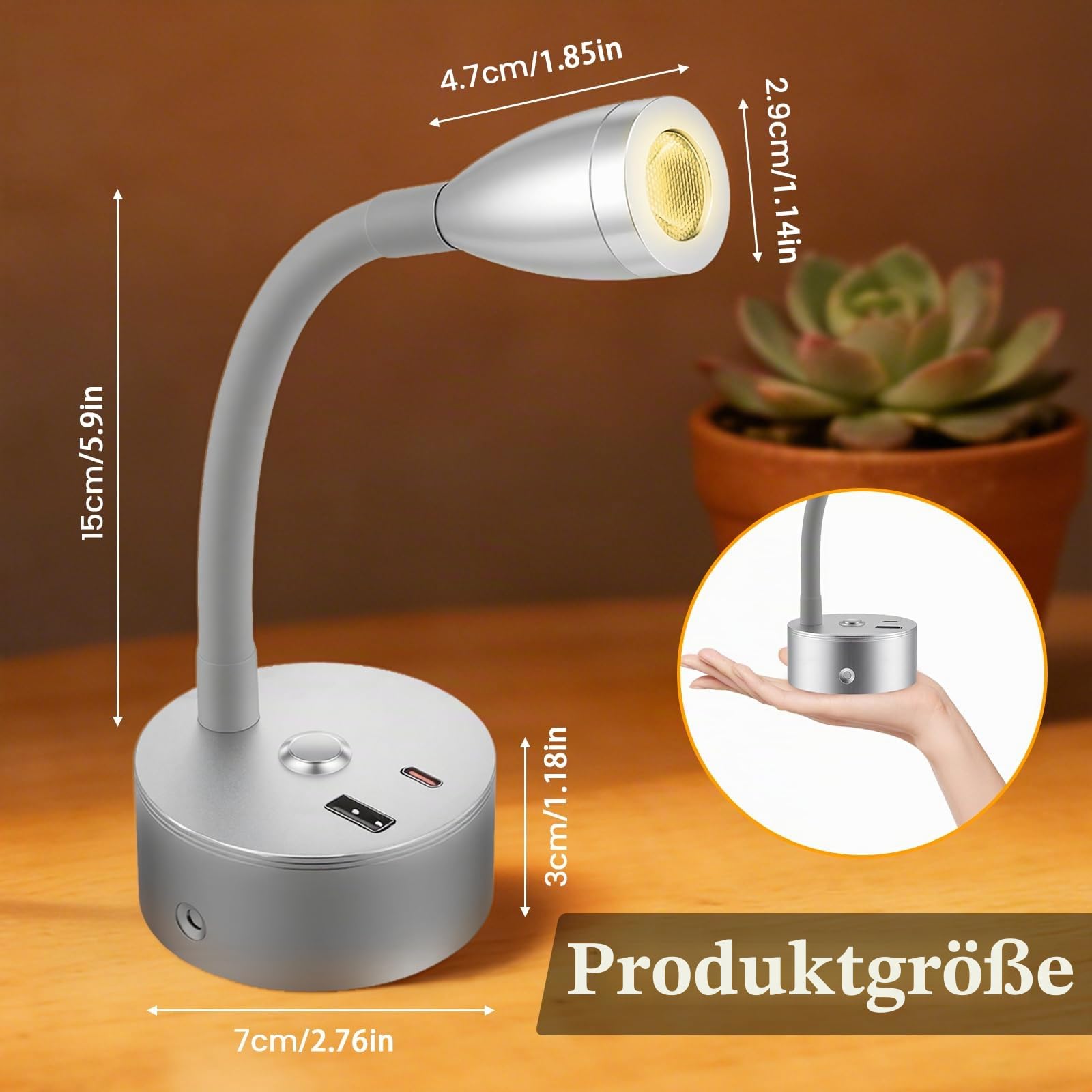 2 Stück LED Leselampe Wohnmobil Dimmbare Wandleuchte, Flexible Schwanenhals Wandlampe, 12V Nachttischlampe mit USB + Type-C -Ladeanschluss, für Wohnmobil Boot Wohnwagen Van LKW Yacht