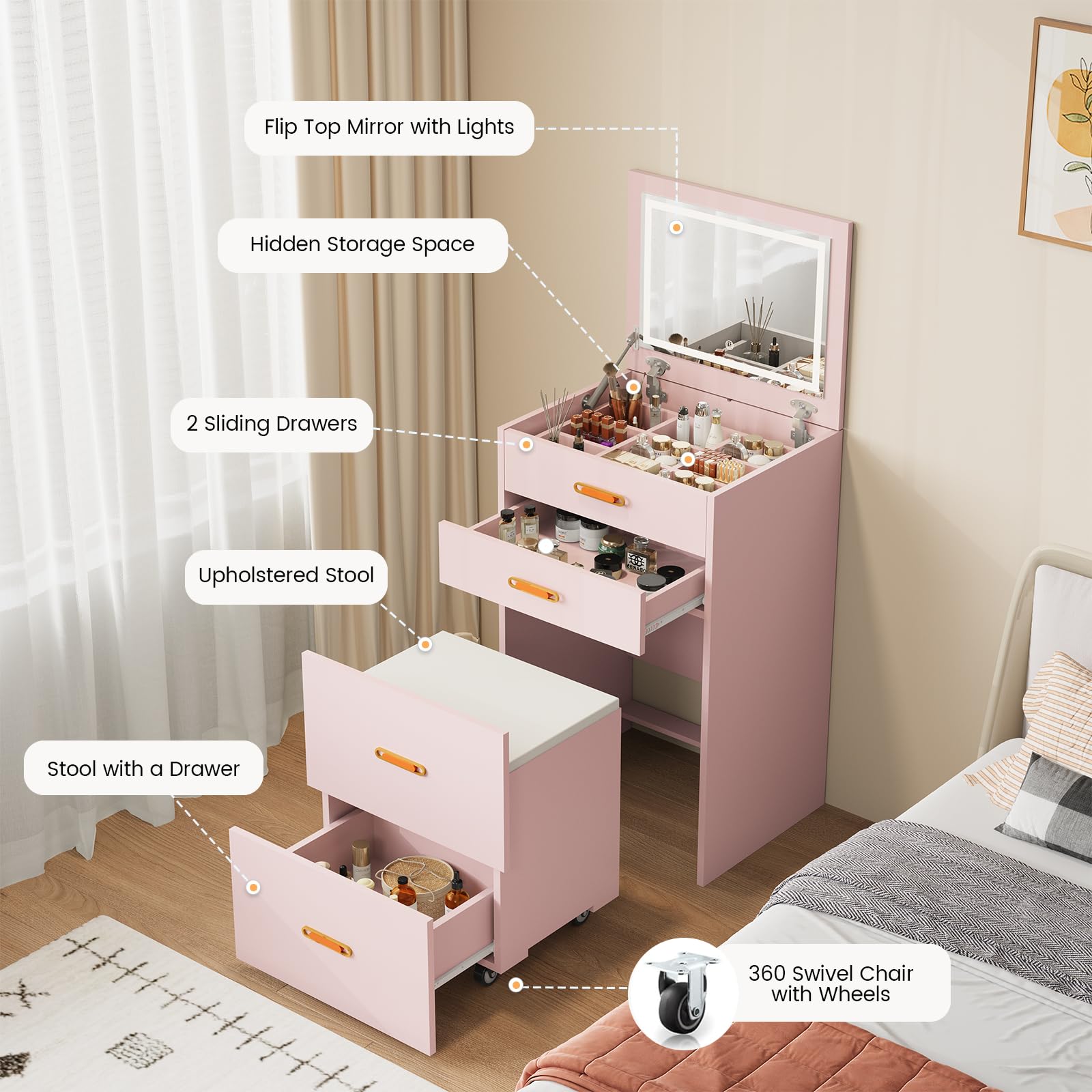 Garvee Tocador Moderno 3 en 1 para Dormitorio - 3 cajones amplios - Mesa de Maquillaje Multifuncional - Diseño Elegante para el hogar - Color Rosa