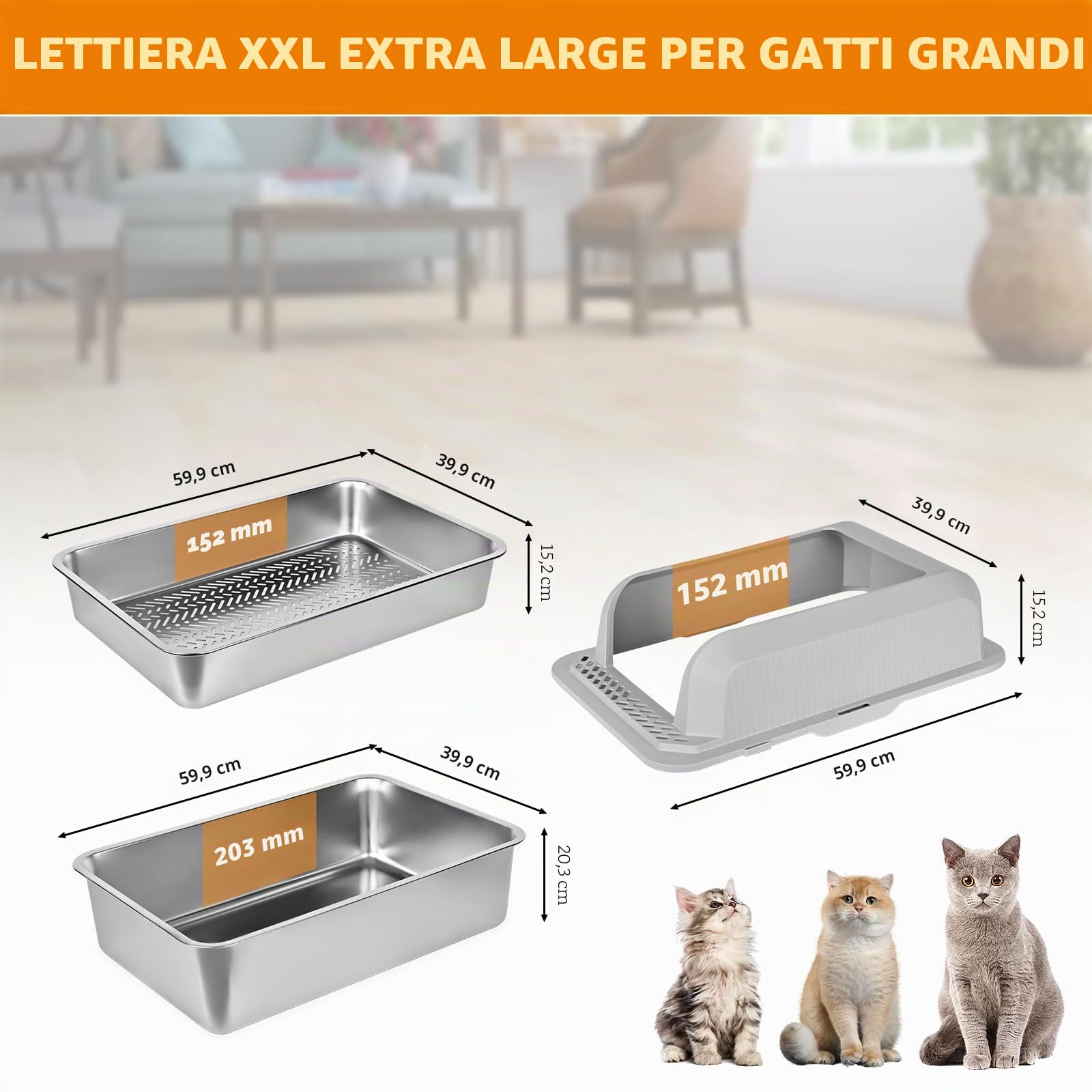 Homegroove Vassoio filtrante in acciaio inossidabile per pellet di pino, 60 x 40 x 35,5 cm XXL lettiera XXL in metallo con coperchio per gatti da interno, vassoio filtrante per gatti con setaccio in