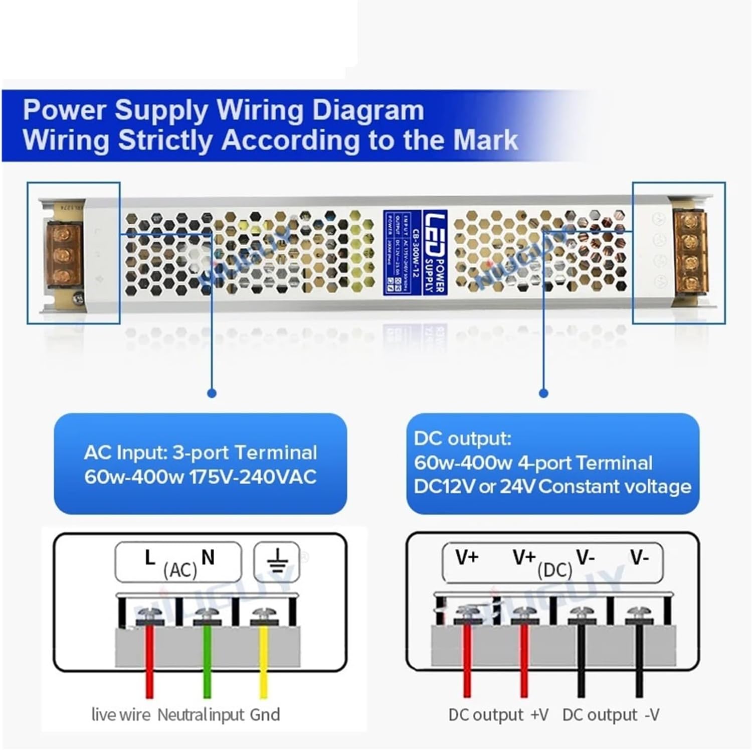 Lighting Transformer DC 12V 24V LED Power Supply 60W 100W 150W 200W 300W 400W AC175-240V Ultra-Thin fanless and noiseless LED Driver.(60W,DC24V)