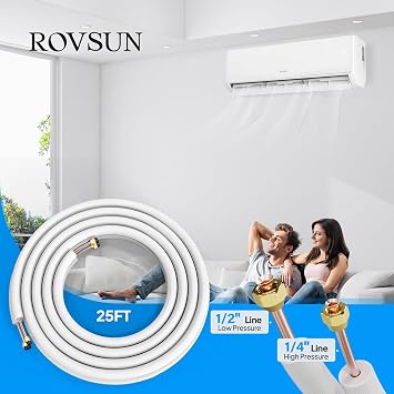 ROVSUN 25 Ft Mini Split Line Set, 1/4 & 1/2 O.D. Flared Copper Tubing Pipes and 3/8 Thickened PE Insulated Coil with Nuts & Kit for Mini Split Air Conditioner & Heat Pump System