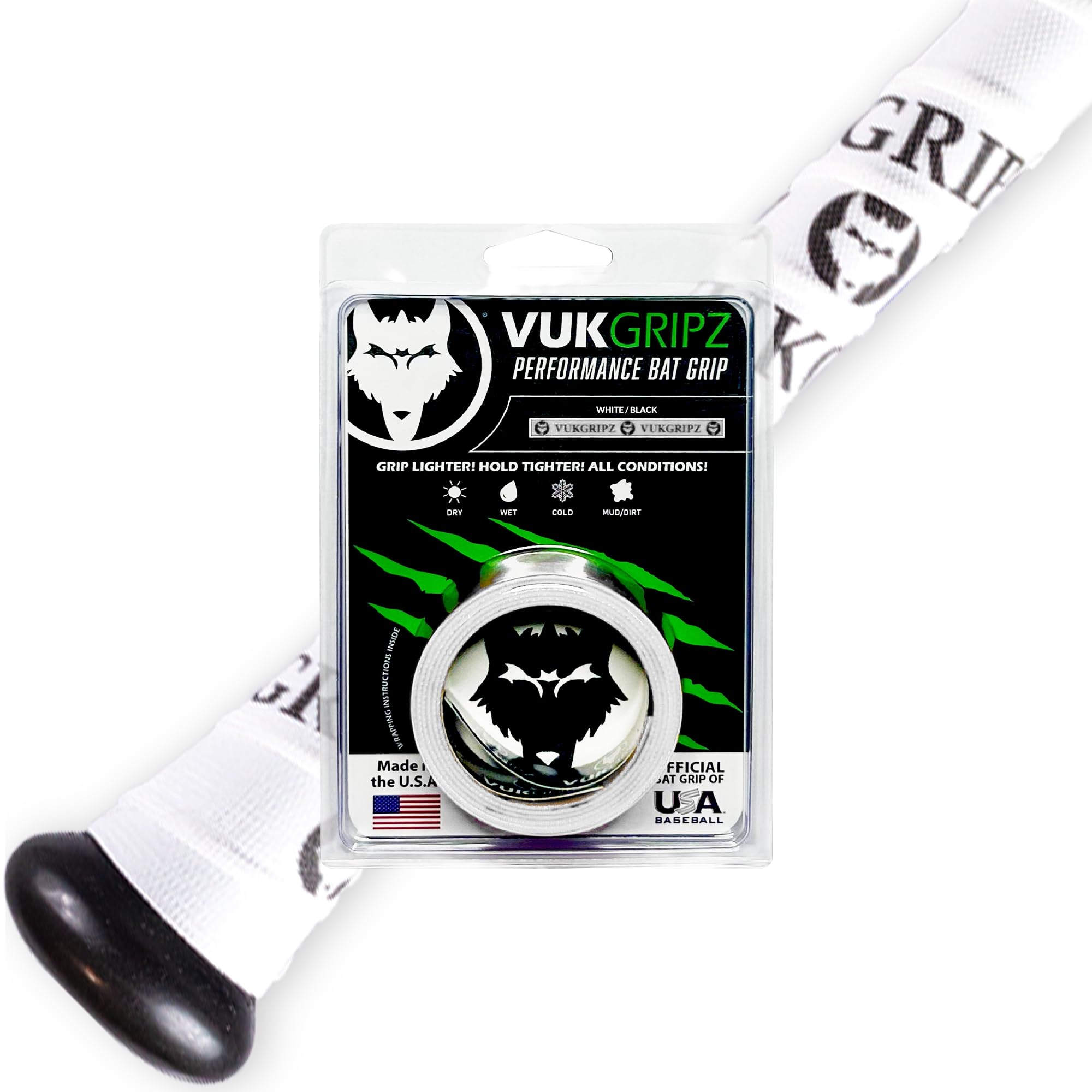 VukGripz Legacy White Baseball Bat Grip Tape - Non-Sticky, Friction-Based, Moisture-Wicking Softball Bat Tape Grip, Non-Slip, Reusable, Boosts Speed & Control, Durable Grippy Wrap, Made in USA