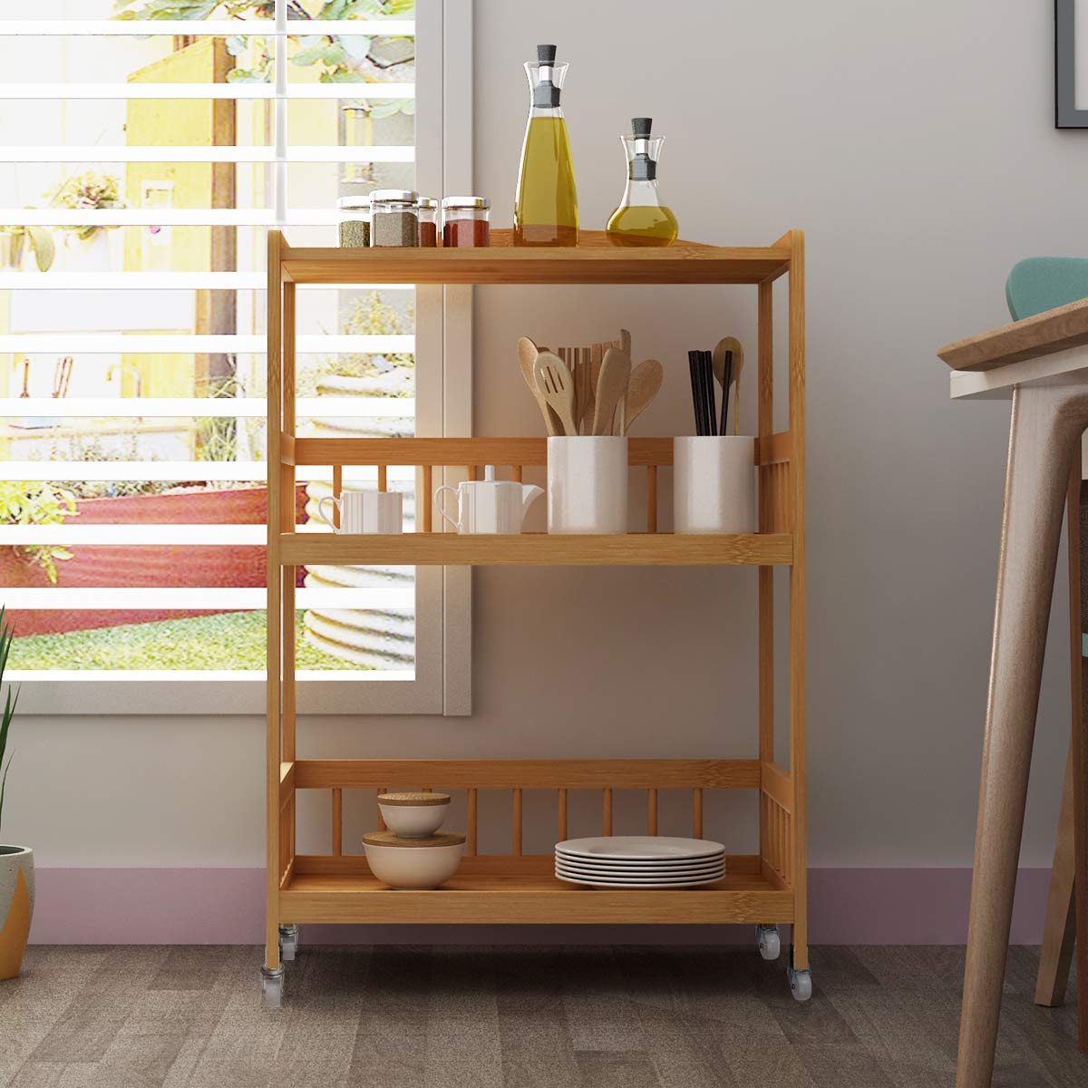 soges Carrelli da Portata, Carrello di Servizio Portavivande Cucina, Carrello Cucina Bambù, Con Route, Salvaspazio, Facile da Montare, Tre Strati per Cucina e Soggiorno