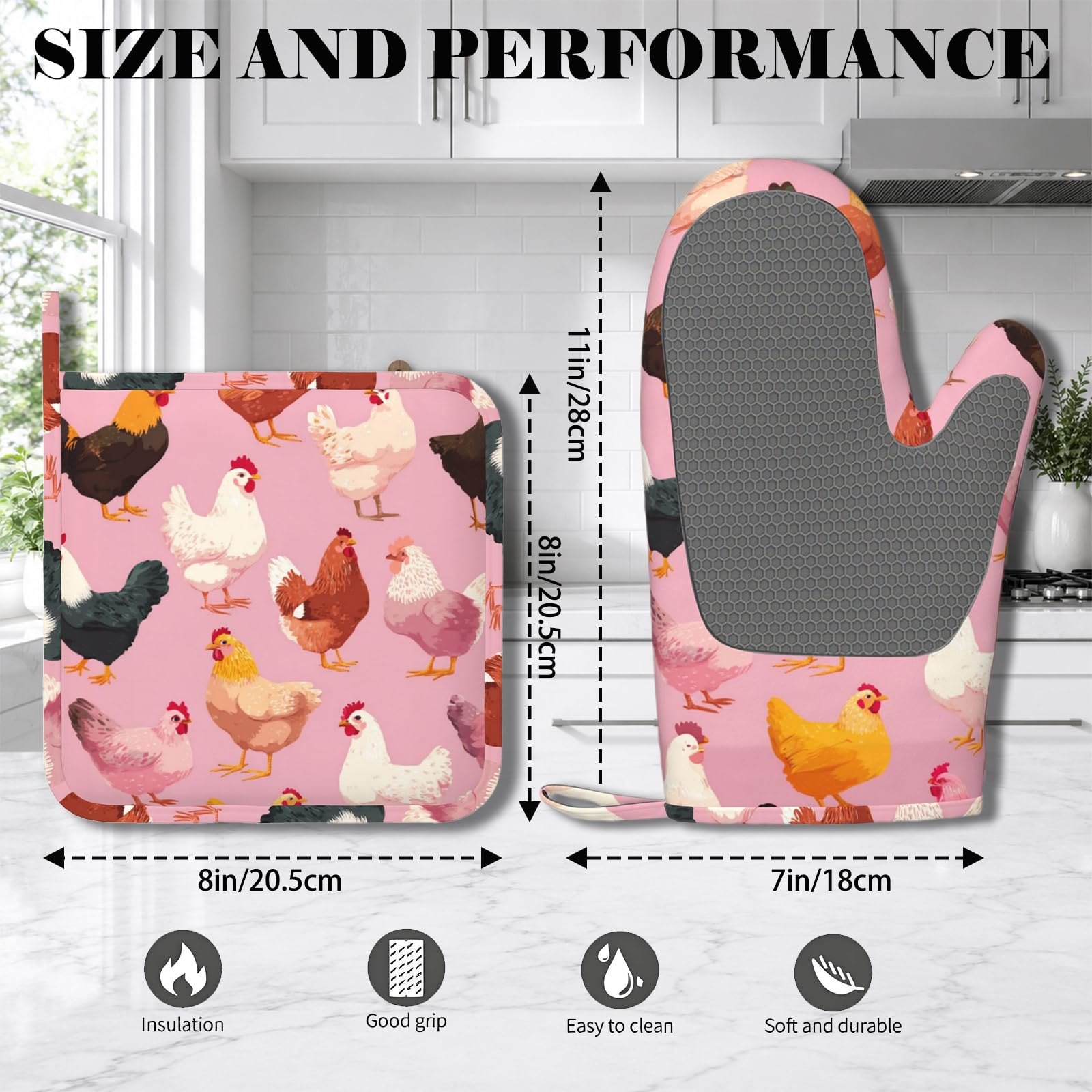 Ensemble de gants de cuisine et maniques en forme de coq et poule - Surface antidérapante en silicone pour barbecue, cuisine, pâtisserie, grillades